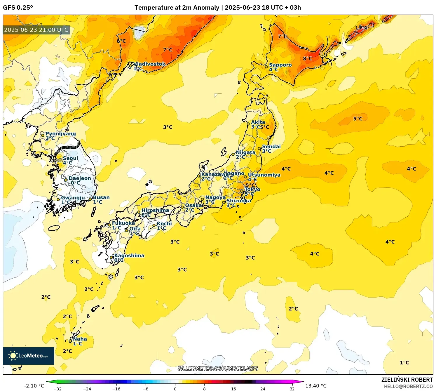 GFS model - Japan, Temperature at 2m Anomaly GFS model - Japan, Temperature at 2m Anomaly
