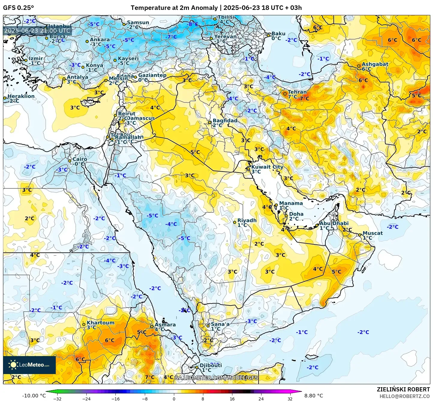 GFS model - Middle East, Temperature at 2m Anomaly GFS model - Middle East, Temperature at 2m Anomaly
