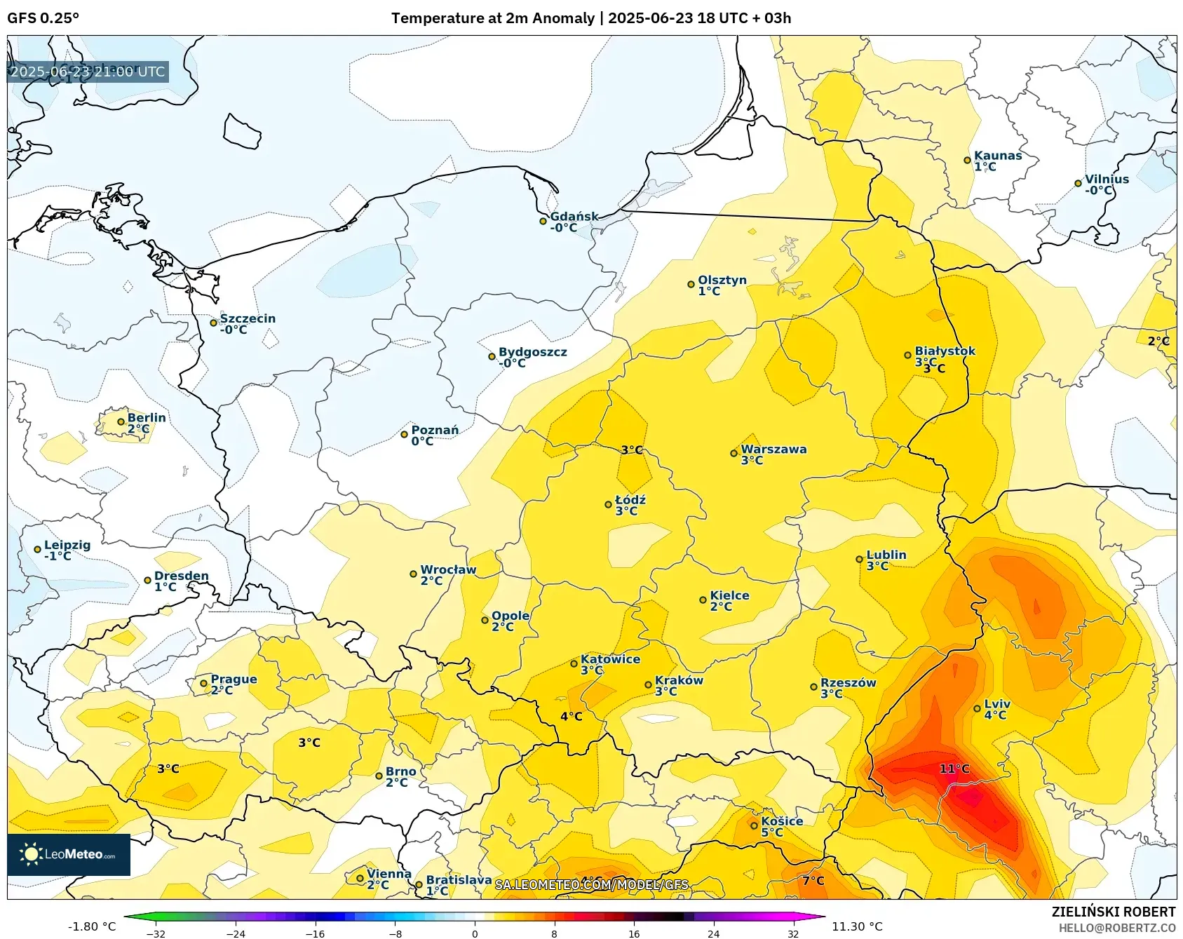 GFS model - Poland, Temperature at 2m Anomaly GFS model - Poland, Temperature at 2m Anomaly