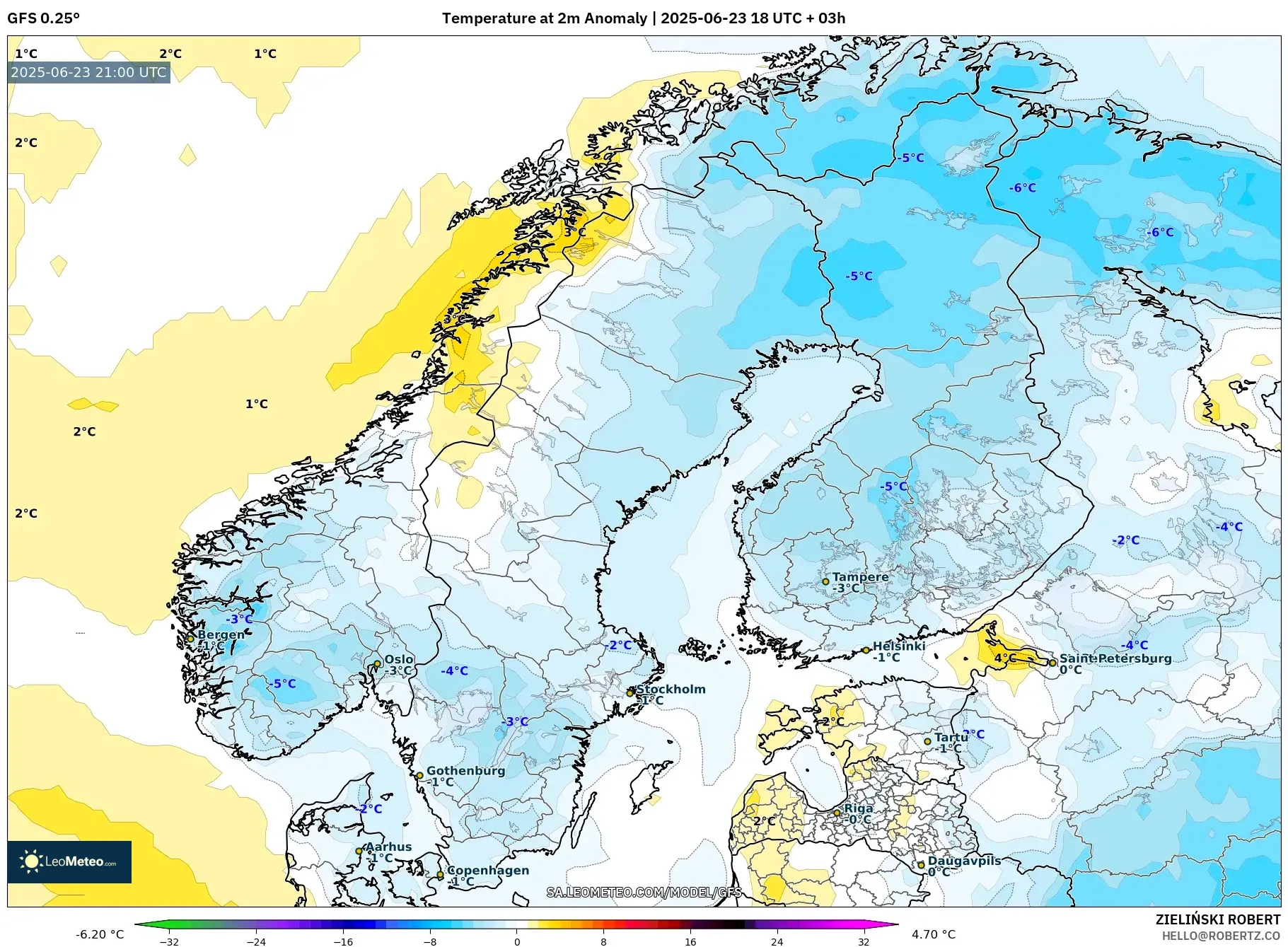 GFS model - Scandinavia, Temperature at 2m Anomaly GFS model - Scandinavia, Temperature at 2m Anomaly