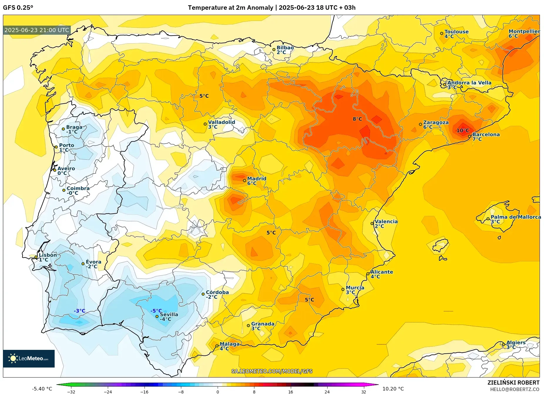 GFS model - Spain, Temperature at 2m Anomaly GFS model - Spain, Temperature at 2m Anomaly