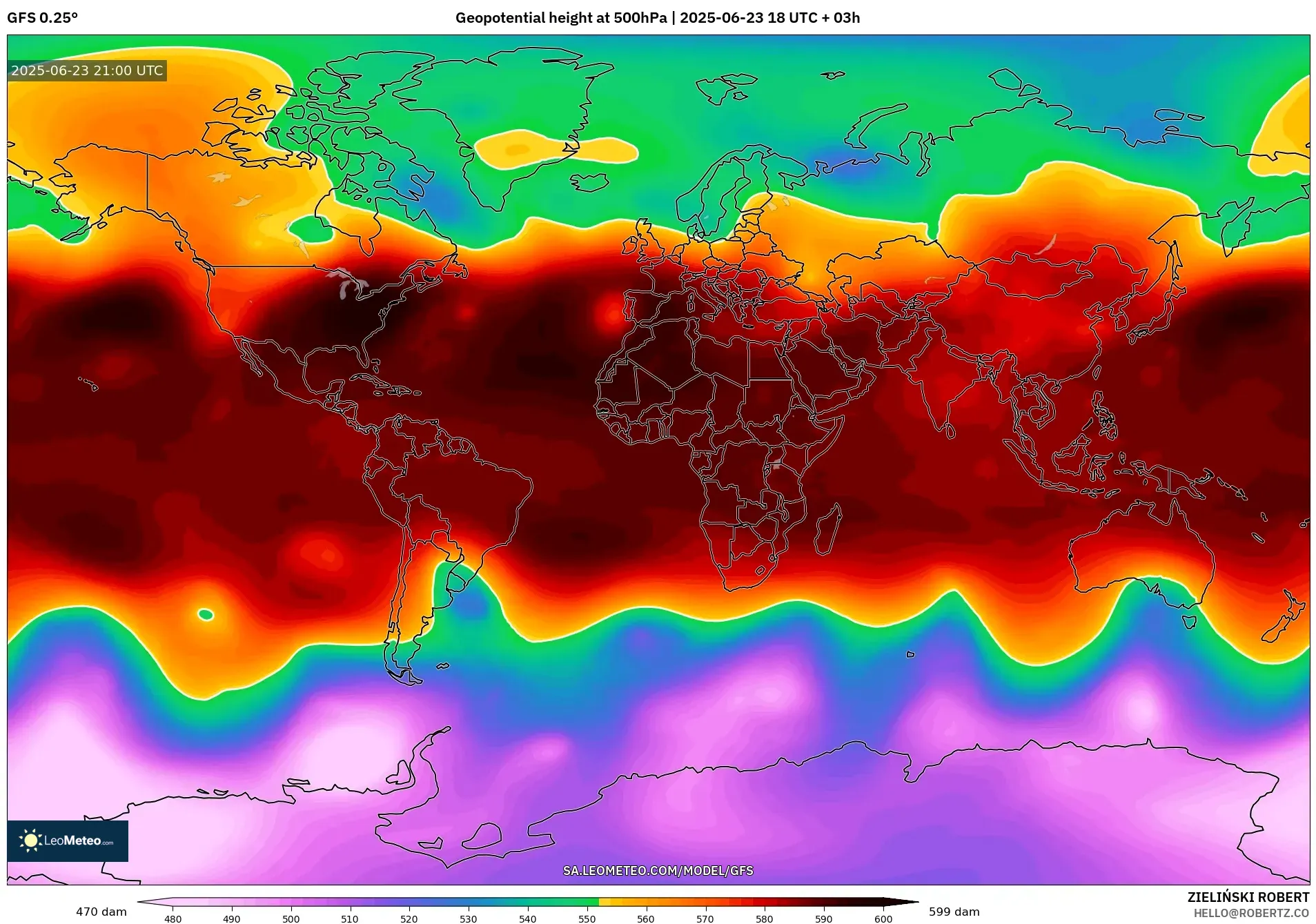 GFS model - World, Geopotential height at 500hPa
