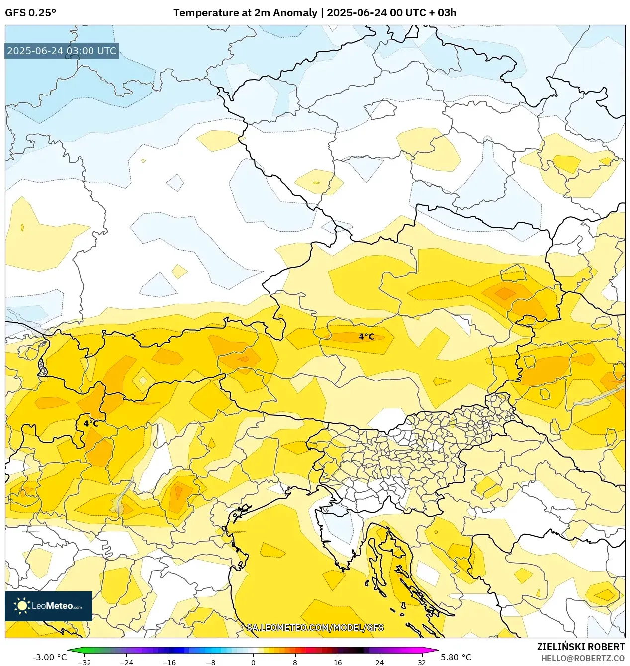 GFS model - Austria, Temperature at 2m Anomaly GFS model - Austria, Temperature at 2m Anomaly