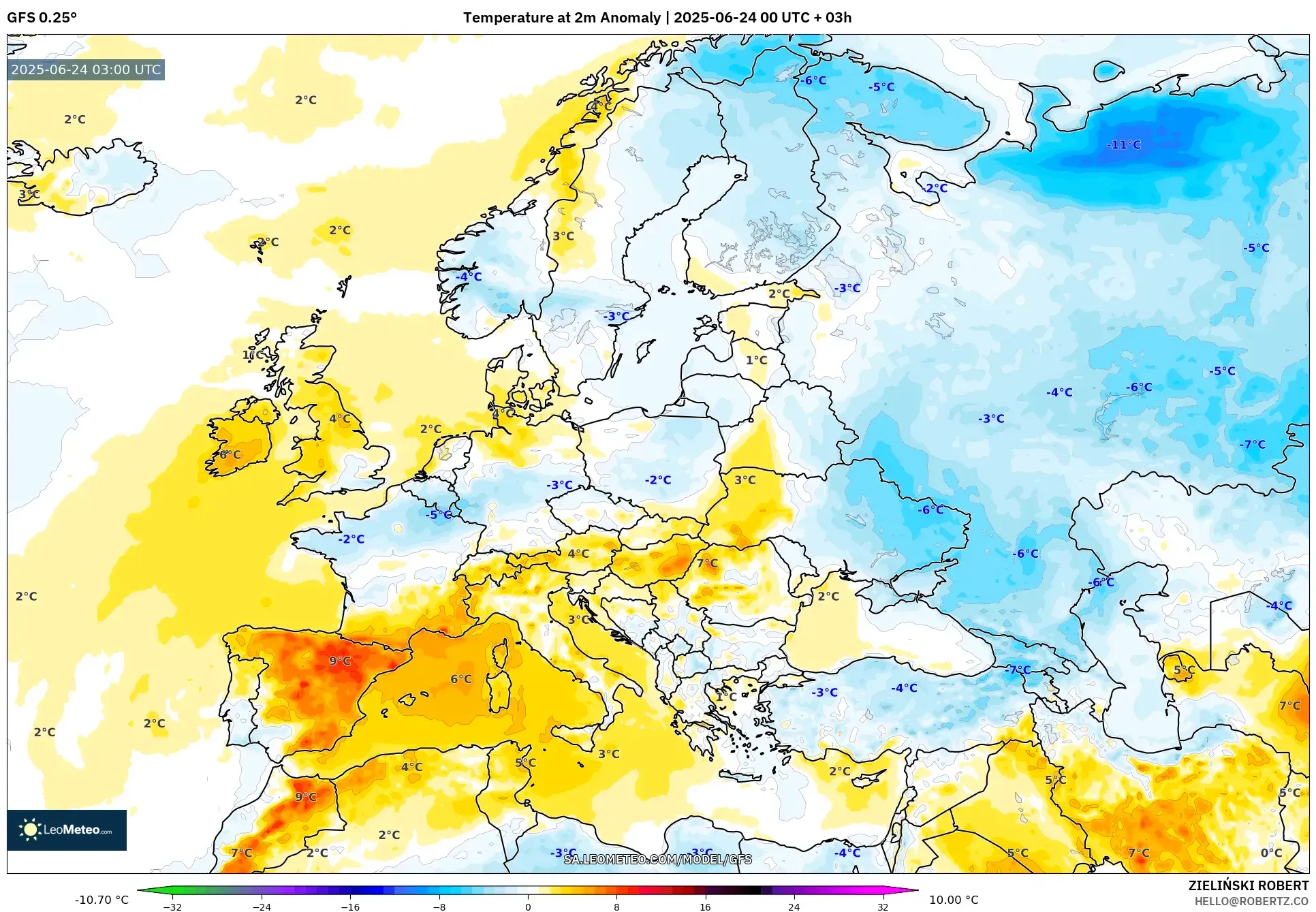 GFS model - Europe, Temperature at 2m Anomaly