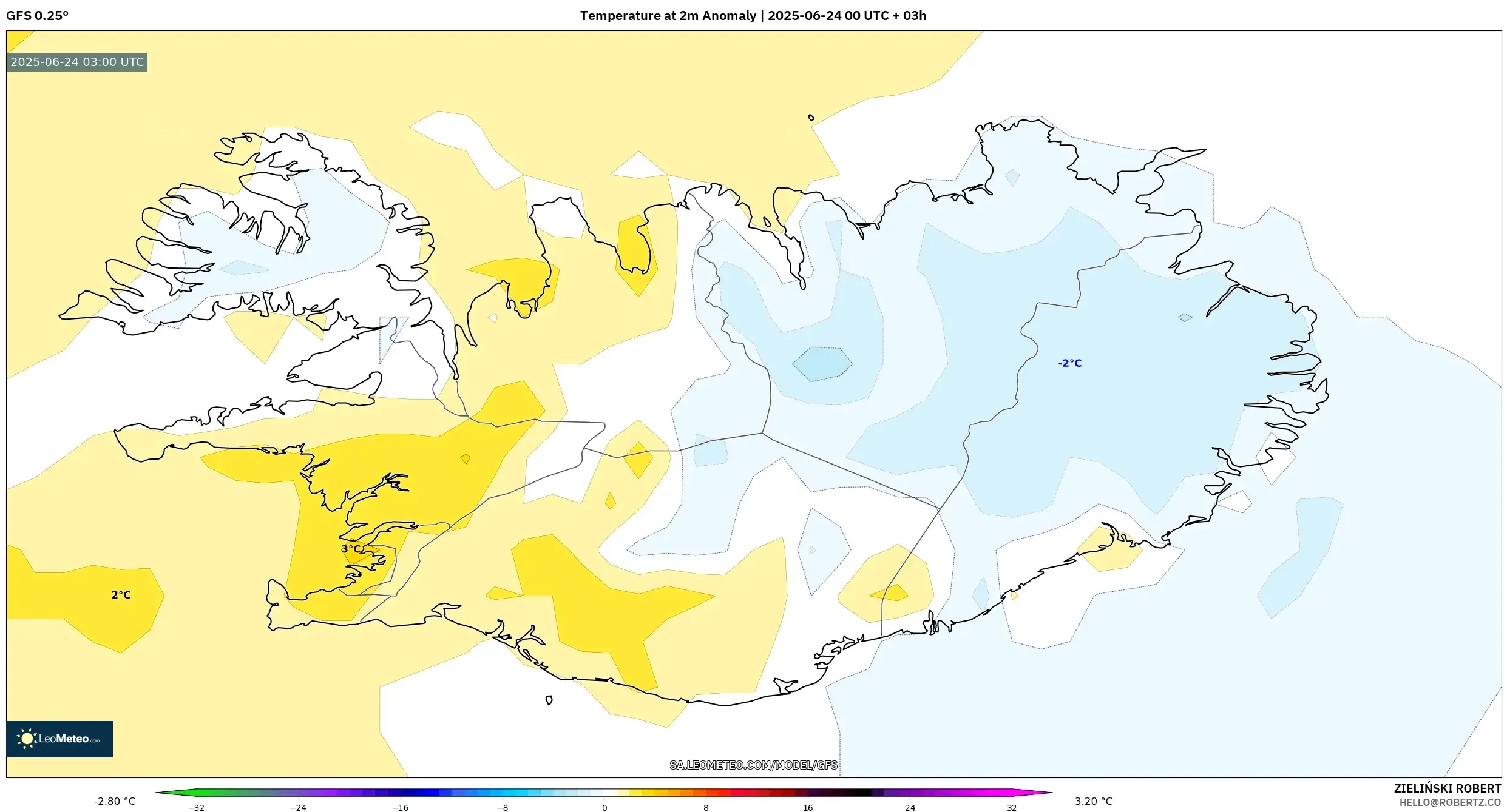 GFS model - Iceland, Temperature at 2m Anomaly