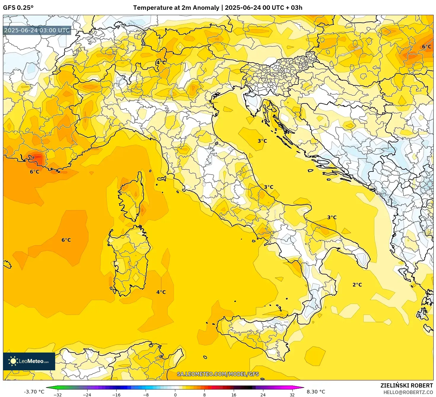 GFS model - Italy, Temperature at 2m Anomaly