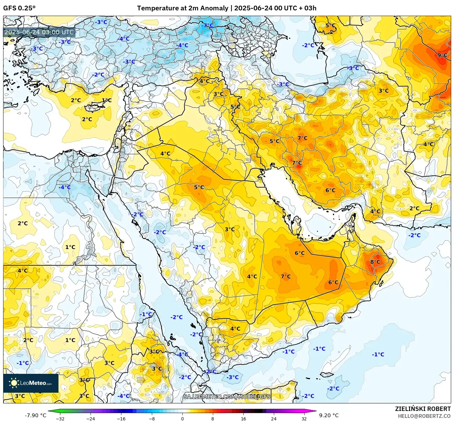 GFS model - Middle East, Temperature at 2m Anomaly