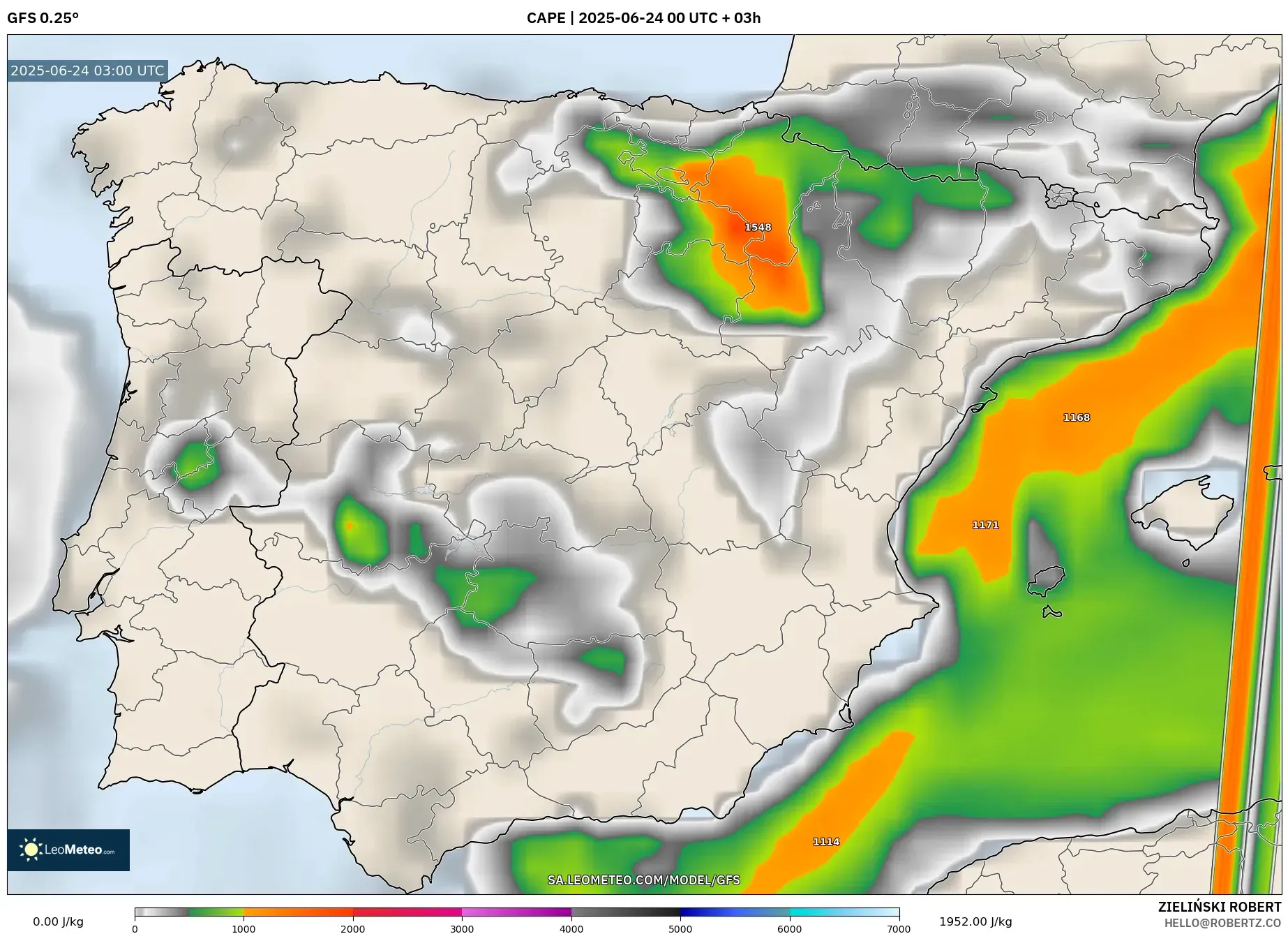 GFS model - Spain, CAPE GFS model - Spain, CAPE