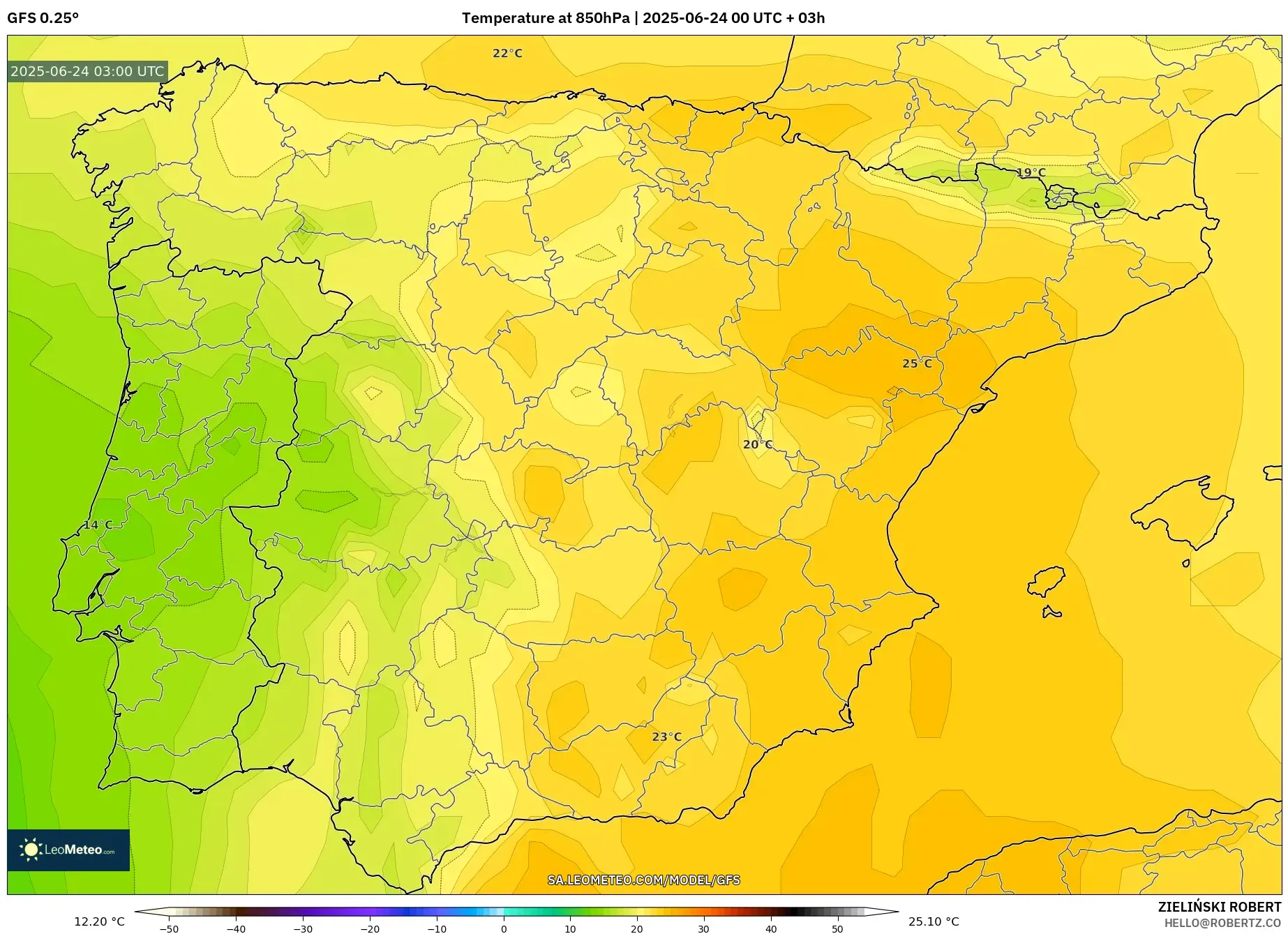 GFS model - Spain, Temperature at 850hPa GFS model - Spain, Temperature at 850hPa