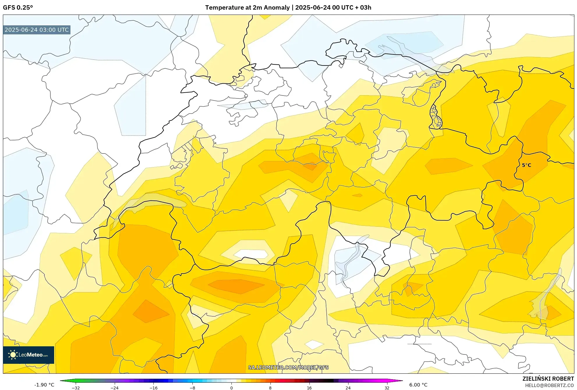 GFS model - Switzerland, Temperature at 2m Anomaly GFS model - Switzerland, Temperature at 2m Anomaly