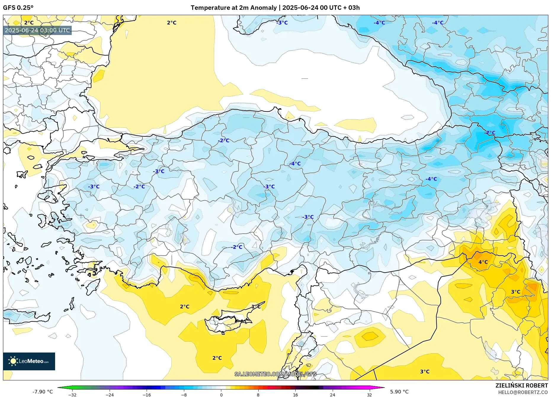 GFS model - Turkey, Temperature at 2m Anomaly