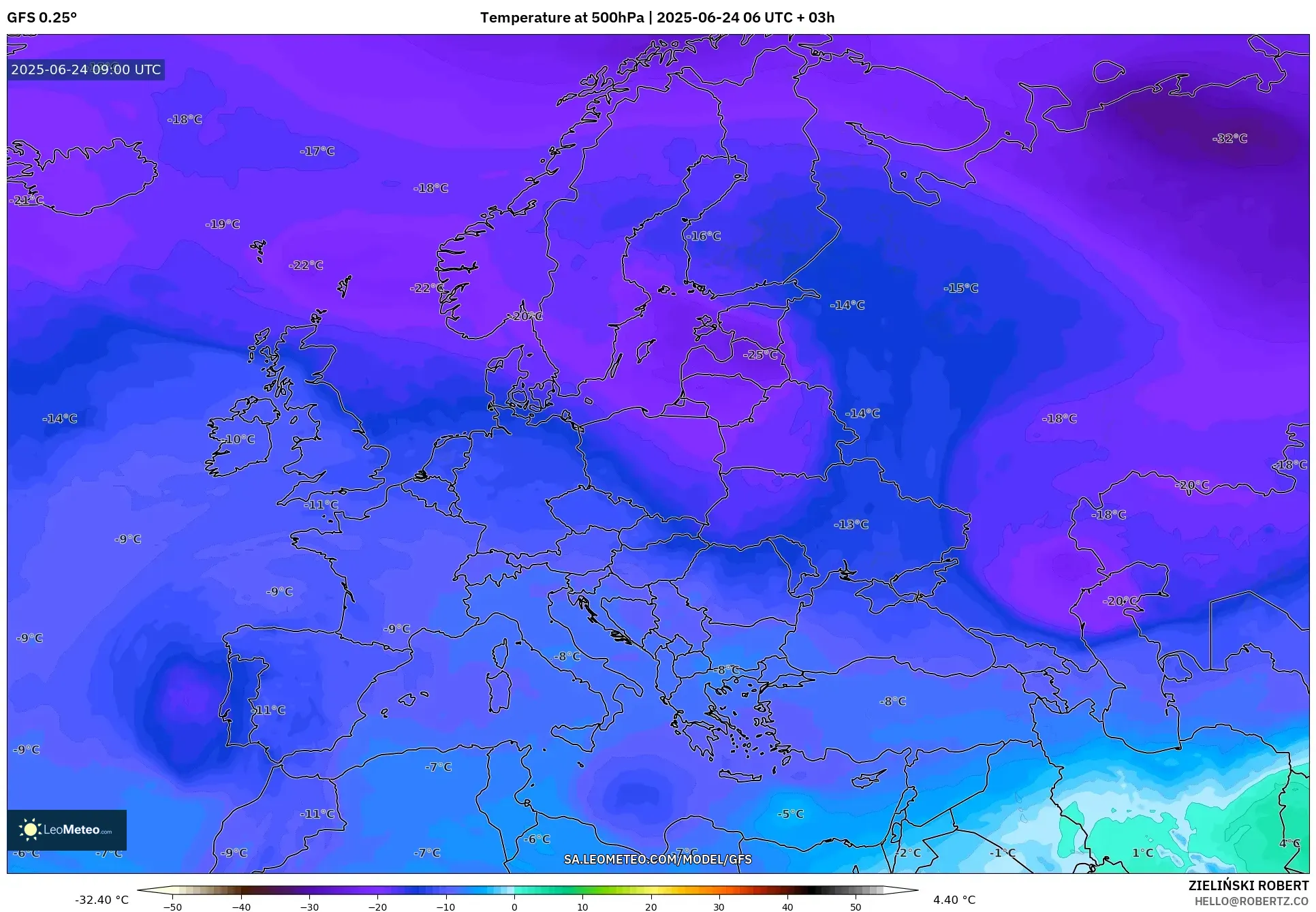 GFS model - Europe, Temperature at 500hPa GFS model - Europe, Temperature at 500hPa