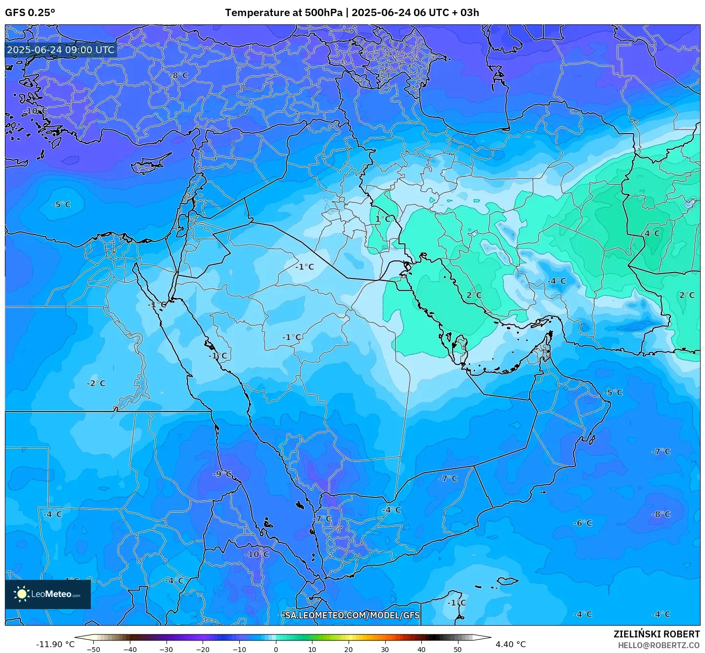 GFS model - Middle East, Temperature at 500hPa GFS model - Middle East, Temperature at 500hPa