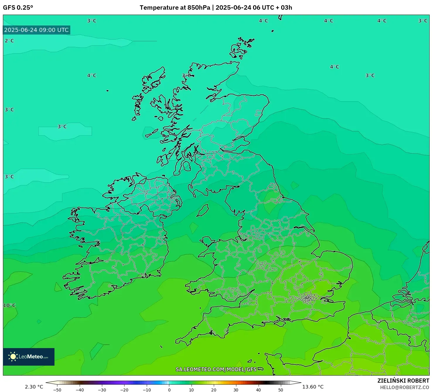 GFS model - United Kingdom, Temperature at 850hPa GFS model - United Kingdom, Temperature at 850hPa