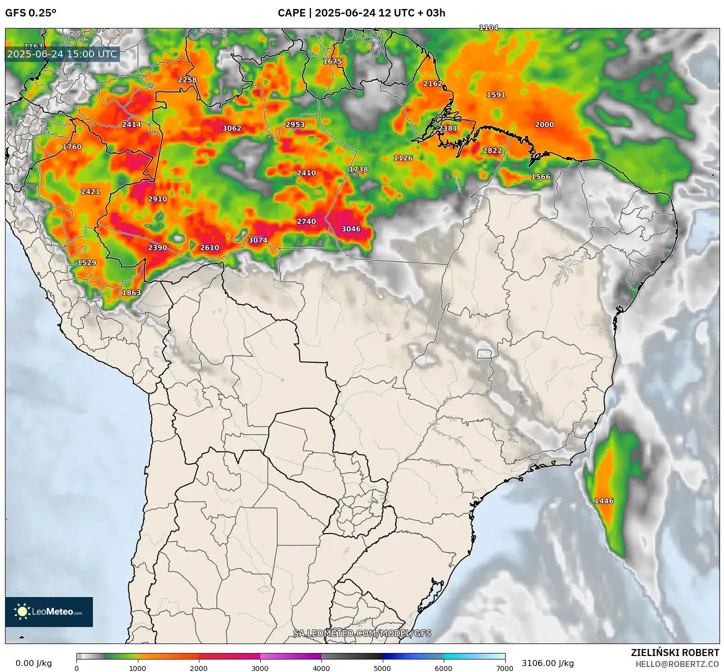 GFS model - Brazil, CAPE GFS model - Brazil, CAPE