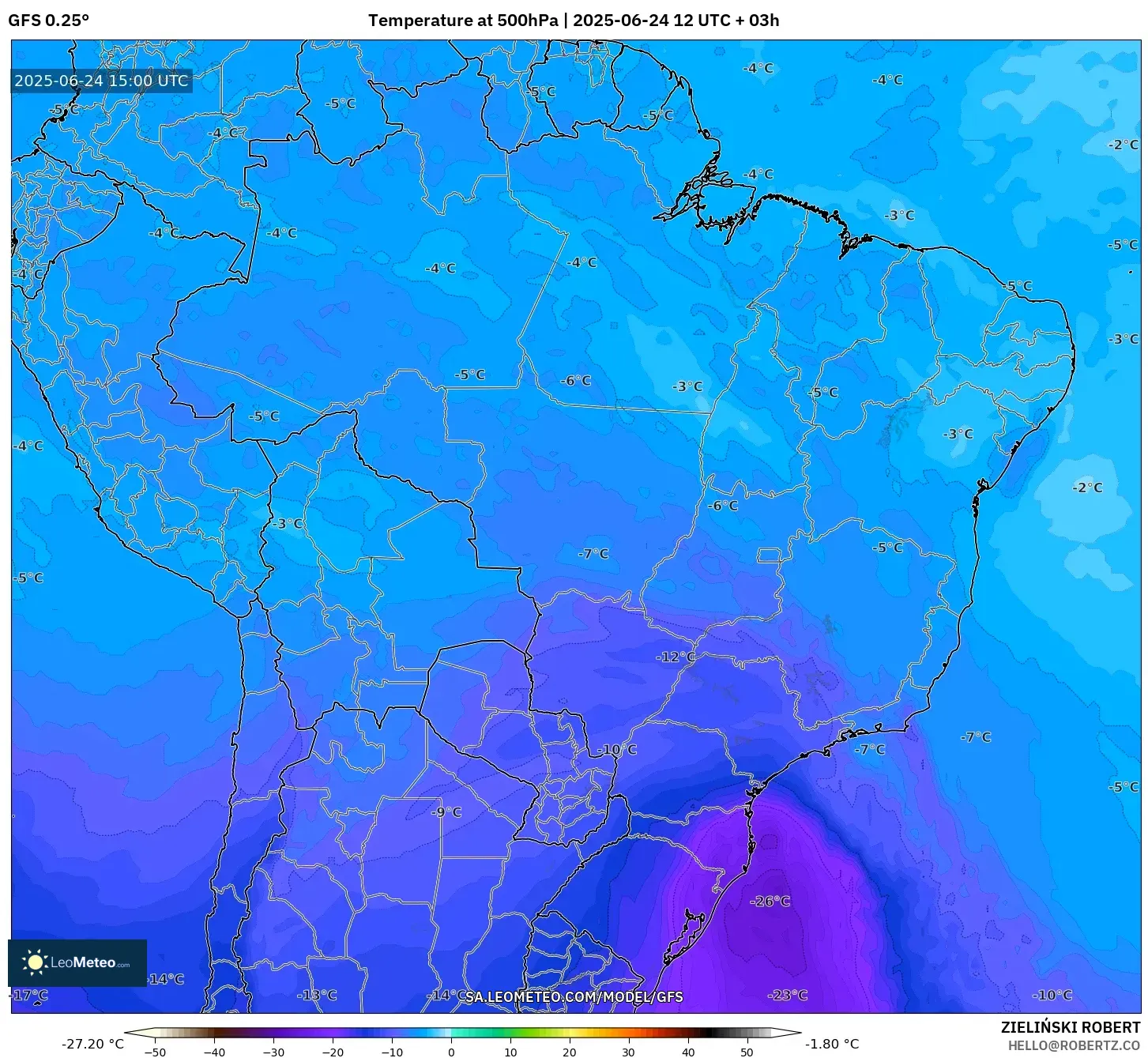 GFS model - Brazil, Temperature at 500hPa GFS model - Brazil, Temperature at 500hPa