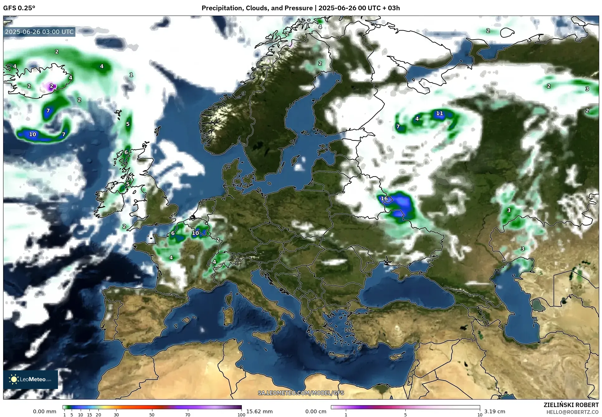 GFS model - Europe, Precipitation, Clouds, and Pressure GFS model - Europe, Precipitation, Clouds, and Pressure