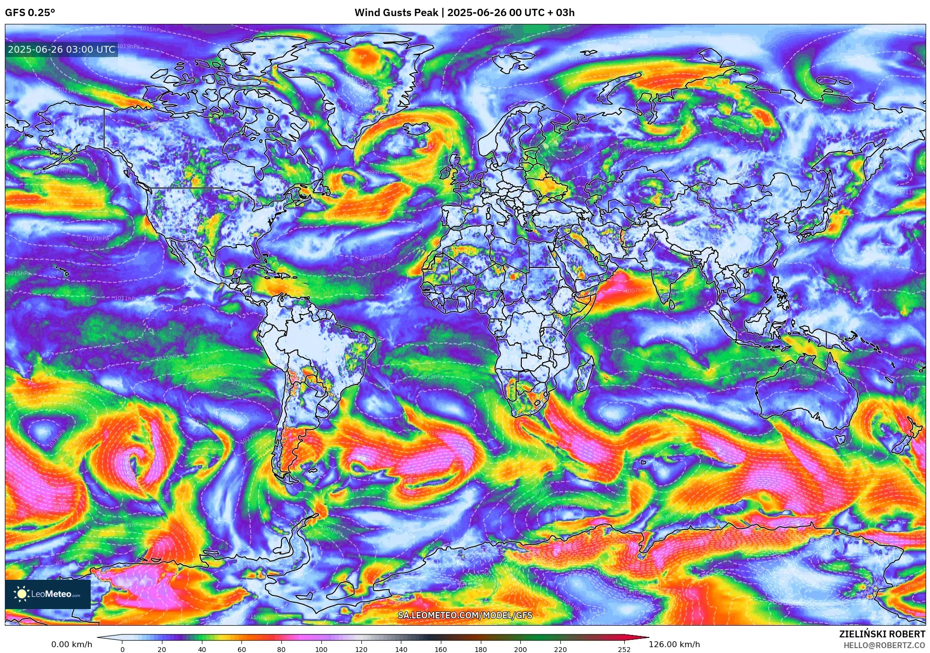 GFS model - World, Wind Gusts Peak GFS model - World, Wind Gusts Peak