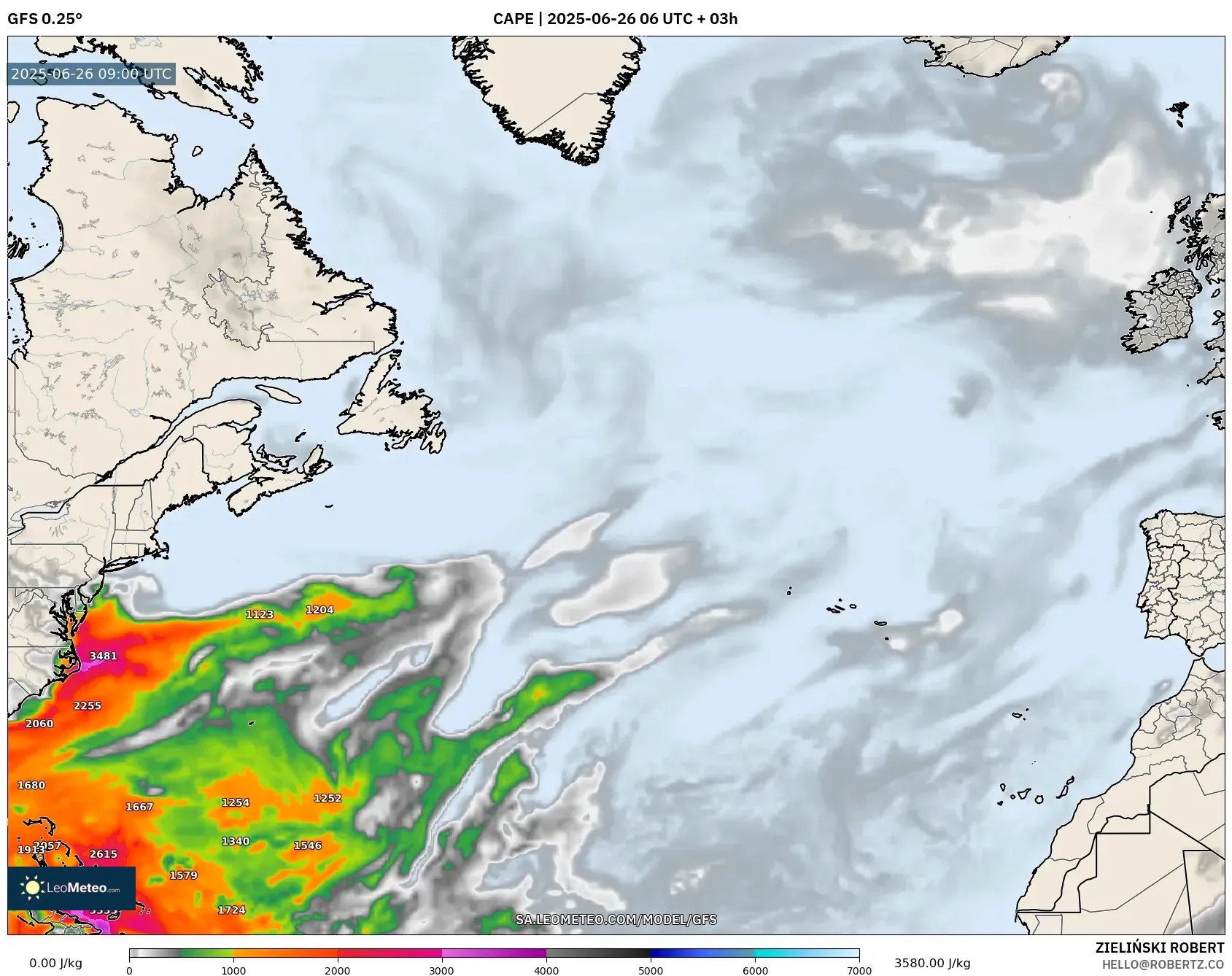 GFS model - North Atlantic, CAPE