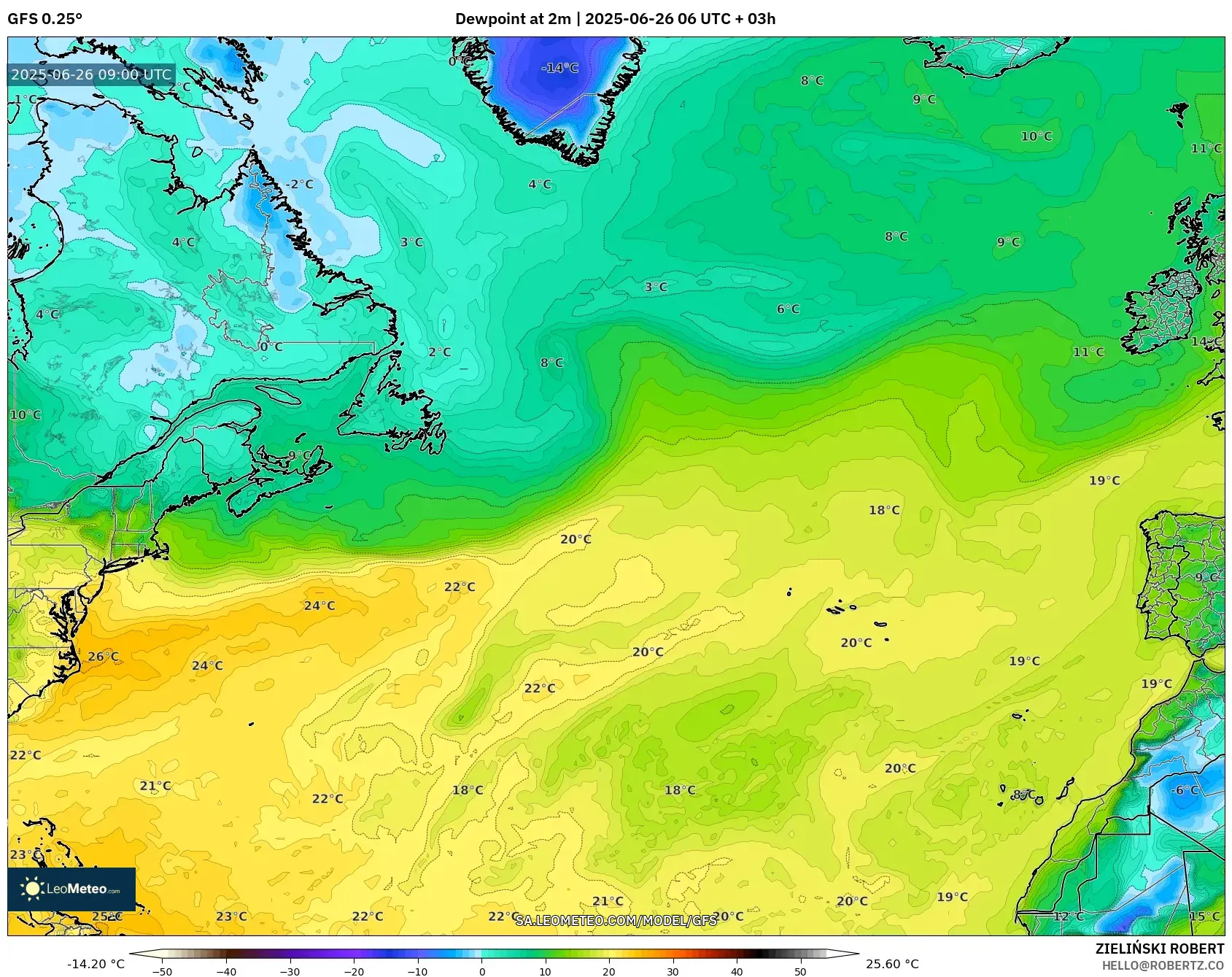 GFS model - North Atlantic, Dewpoint at 2m GFS model - North Atlantic, Dewpoint at 2m