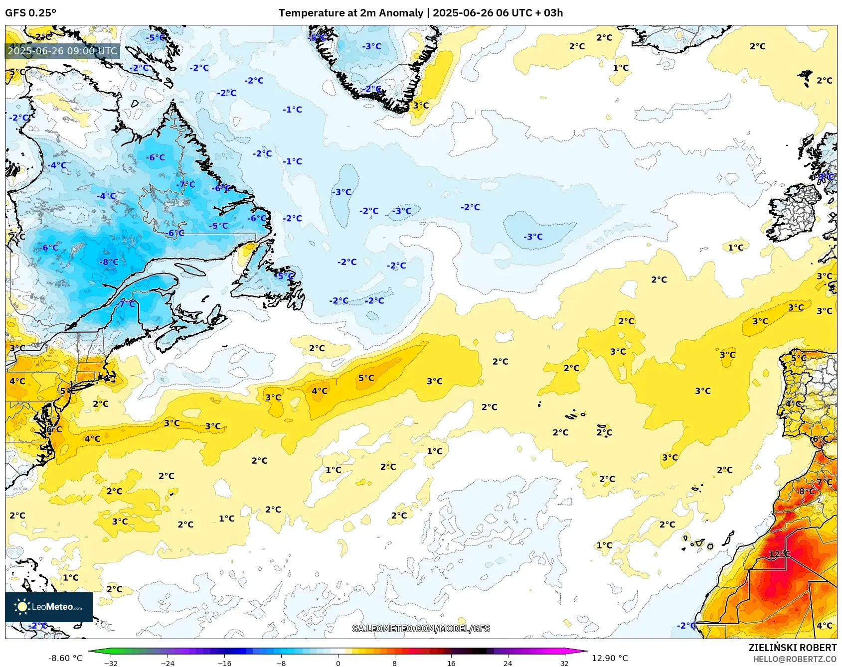 GFS model - North Atlantic, Temperature at 2m Anomaly GFS model - North Atlantic, Temperature at 2m Anomaly