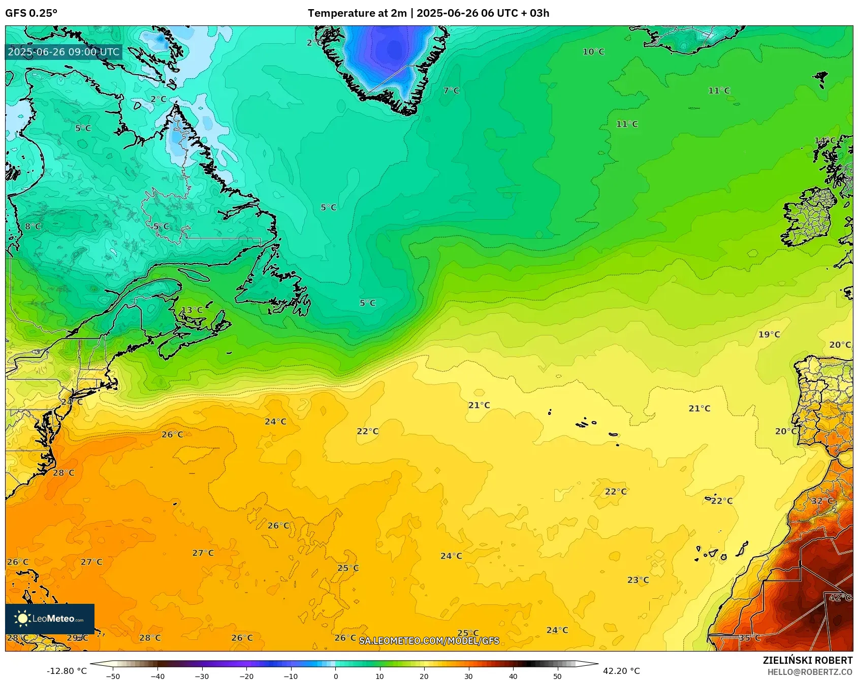GFS model - North Atlantic, Temperature at 2m GFS model - North Atlantic, Temperature at 2m