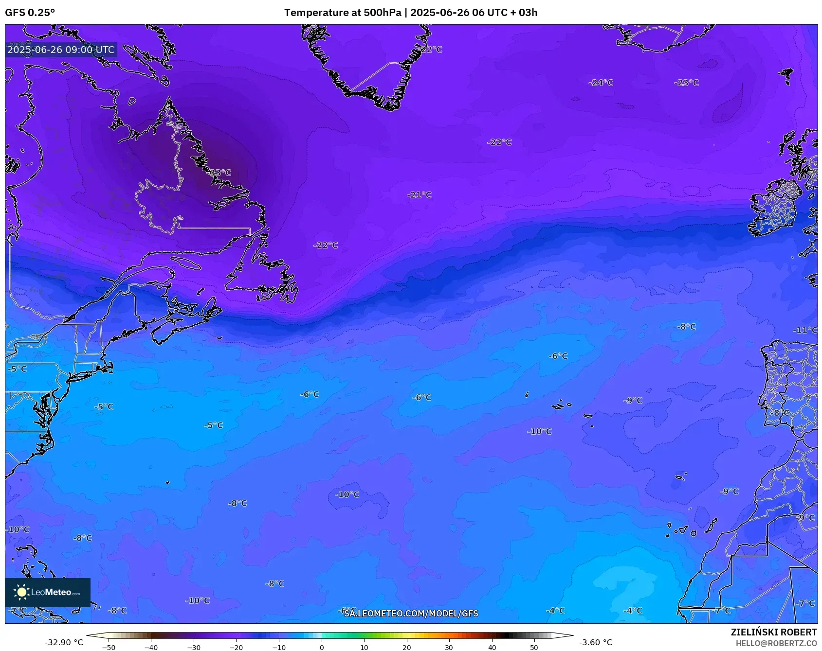 GFS model - North Atlantic, Temperature at 500hPa GFS model - North Atlantic, Temperature at 500hPa