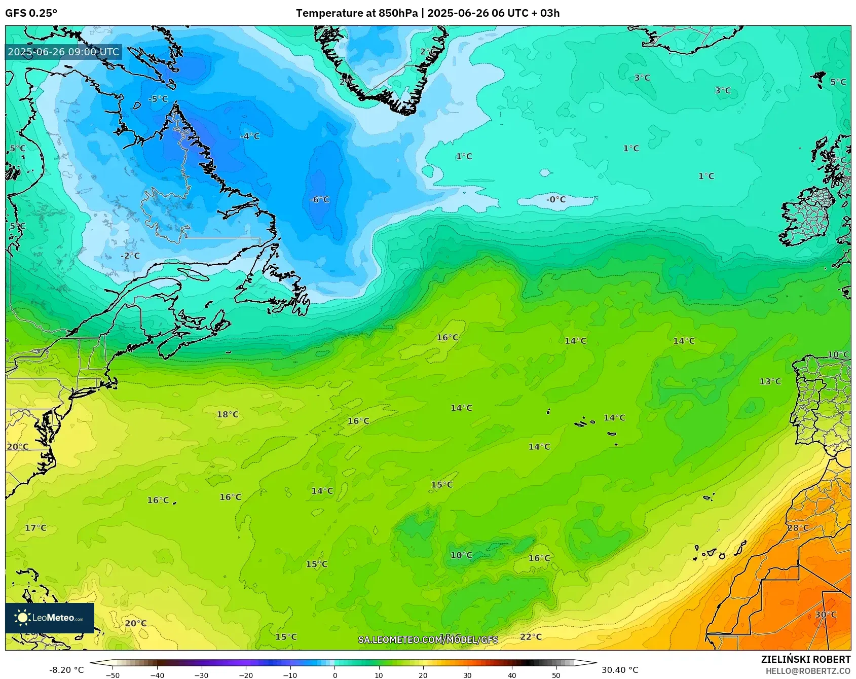 GFS model - North Atlantic, Temperature at 850hPa GFS model - North Atlantic, Temperature at 850hPa