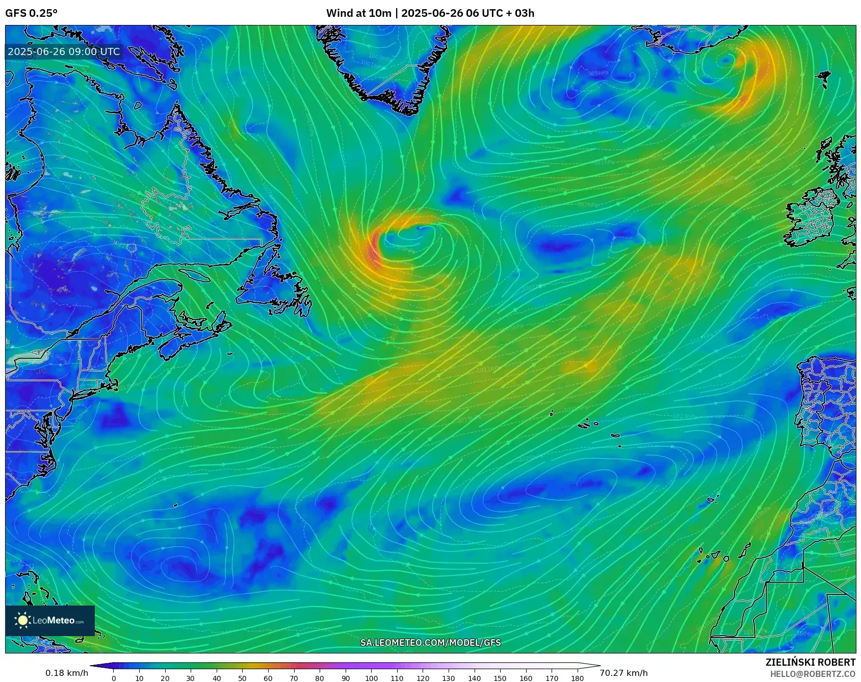 GFS model - North Atlantic, Wind at 10m GFS model - North Atlantic, Wind at 10m