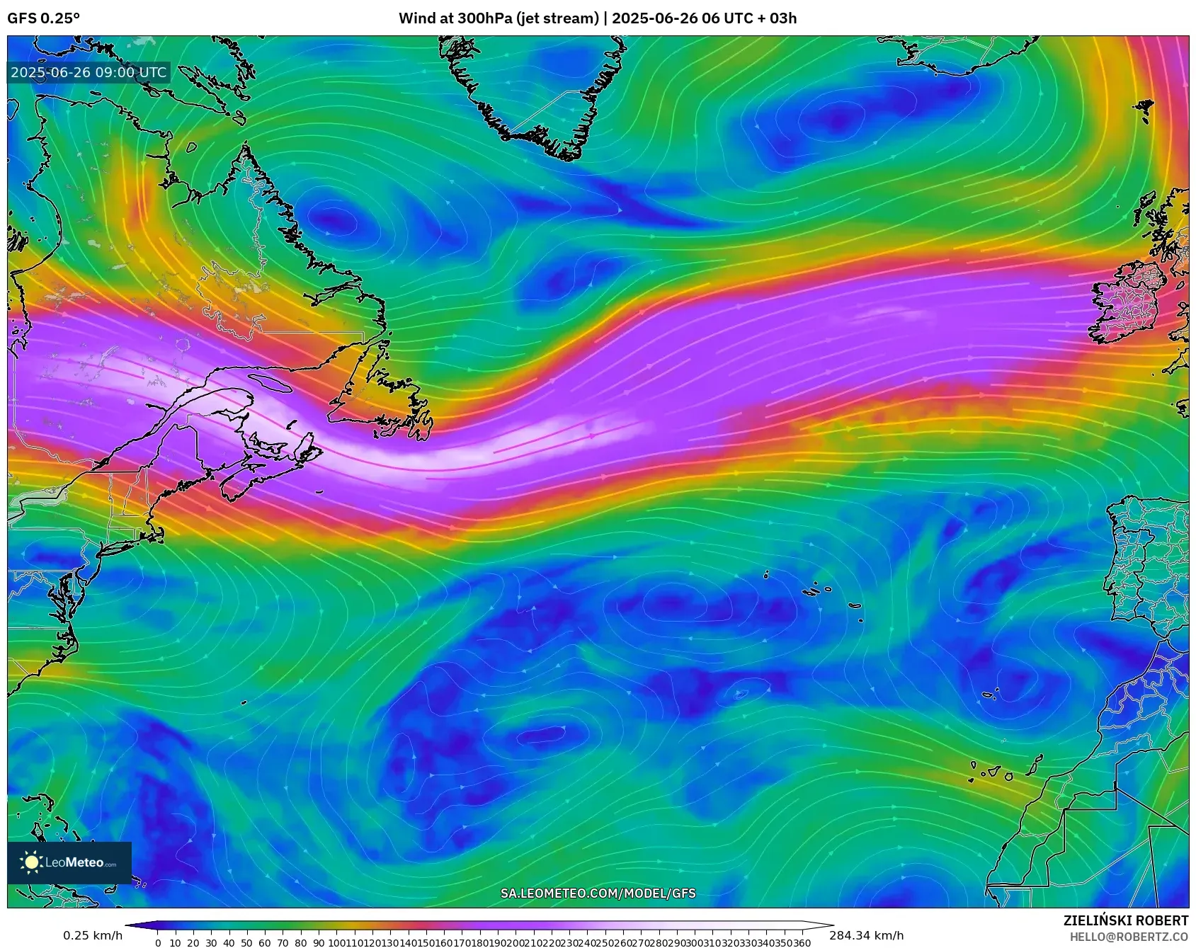 GFS model - North Atlantic, Wind at 300hPa (jet stream) GFS model - North Atlantic, Wind at 300hPa (jet stream)