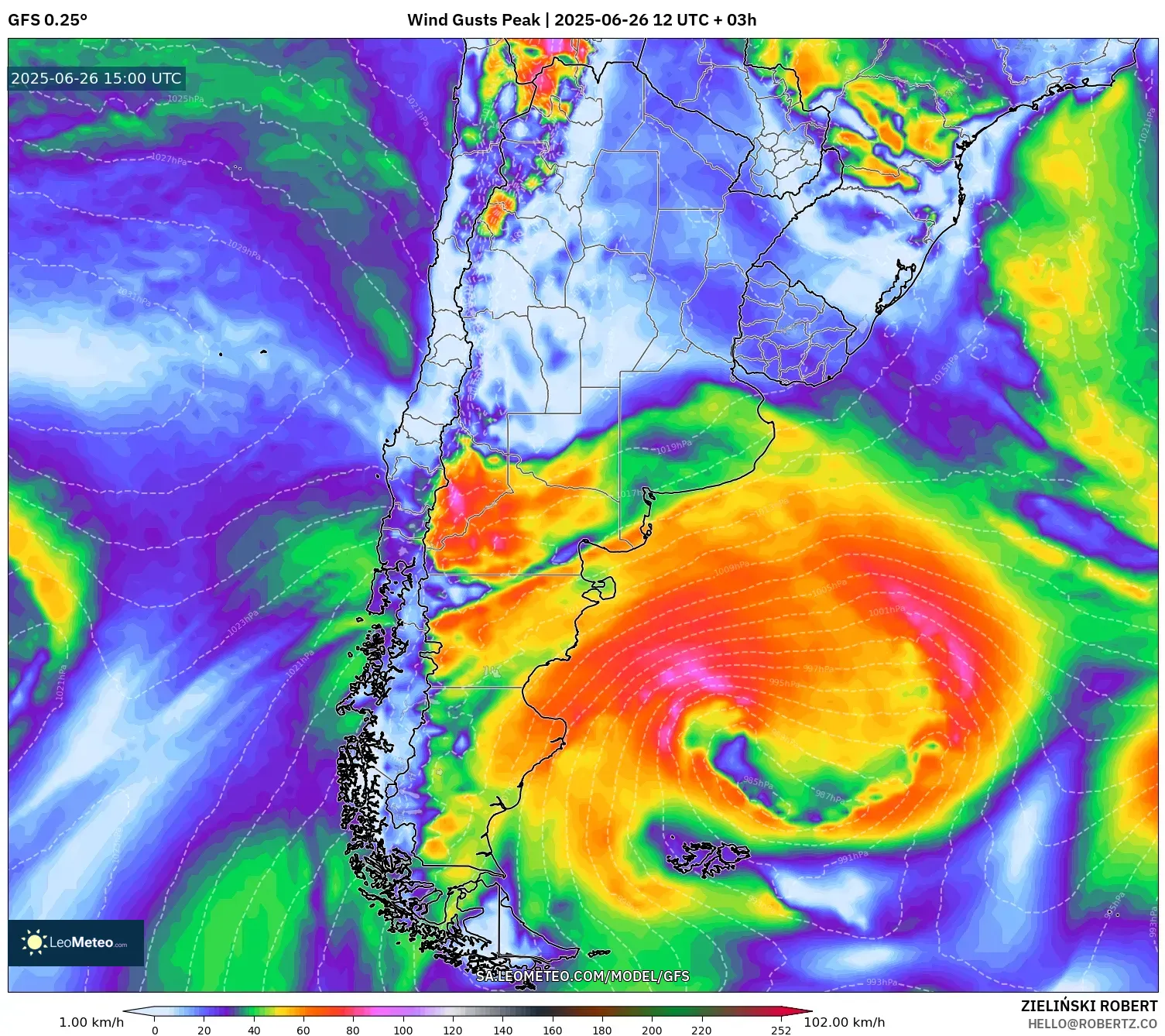 GFS model - Argentina, Wind Gusts Peak GFS model - Argentina, Wind Gusts Peak