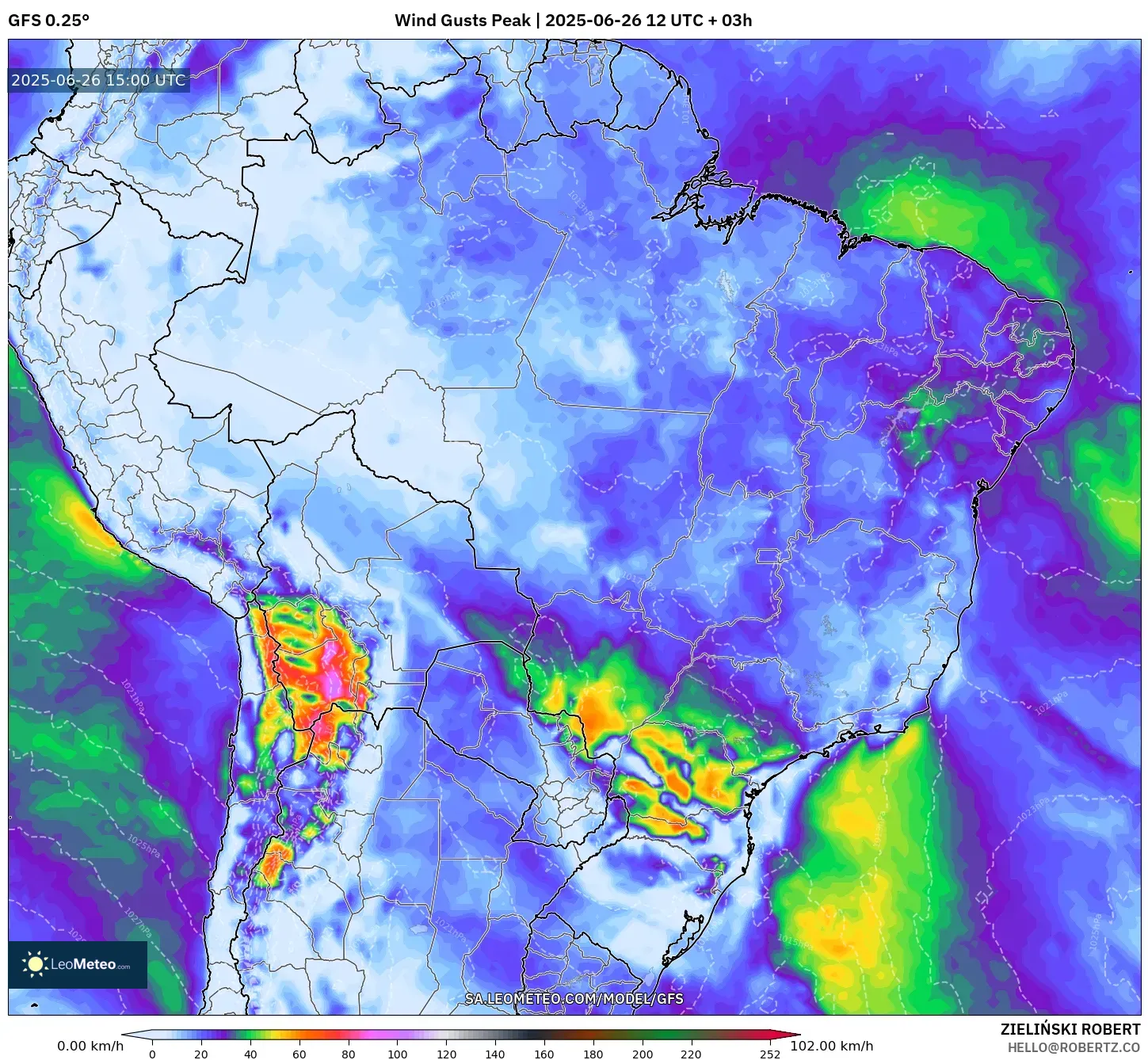 GFS model - Brazil, Wind Gusts Peak GFS model - Brazil, Wind Gusts Peak
