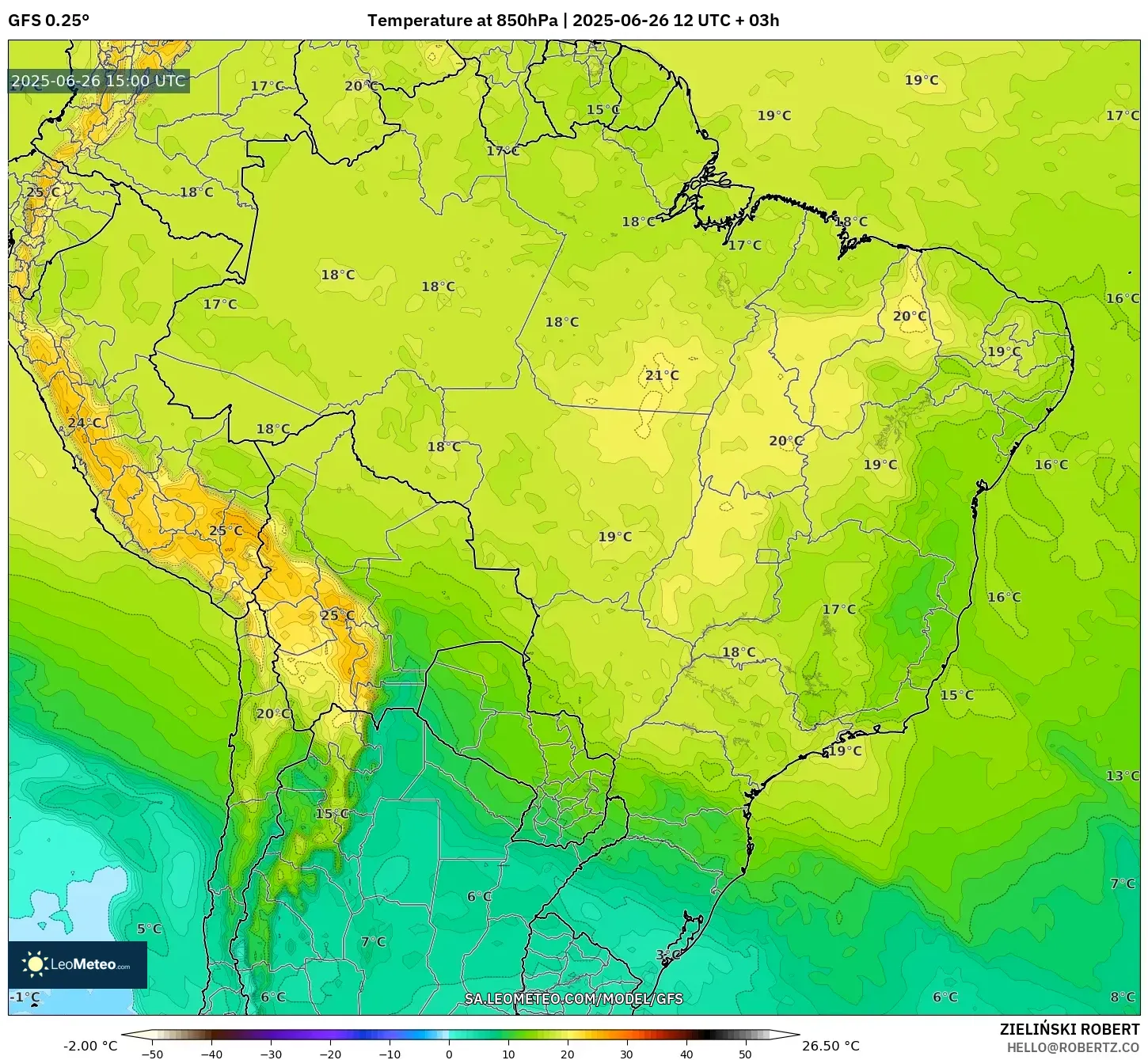 GFS model - Brazil, Temperature at 850hPa GFS model - Brazil, Temperature at 850hPa