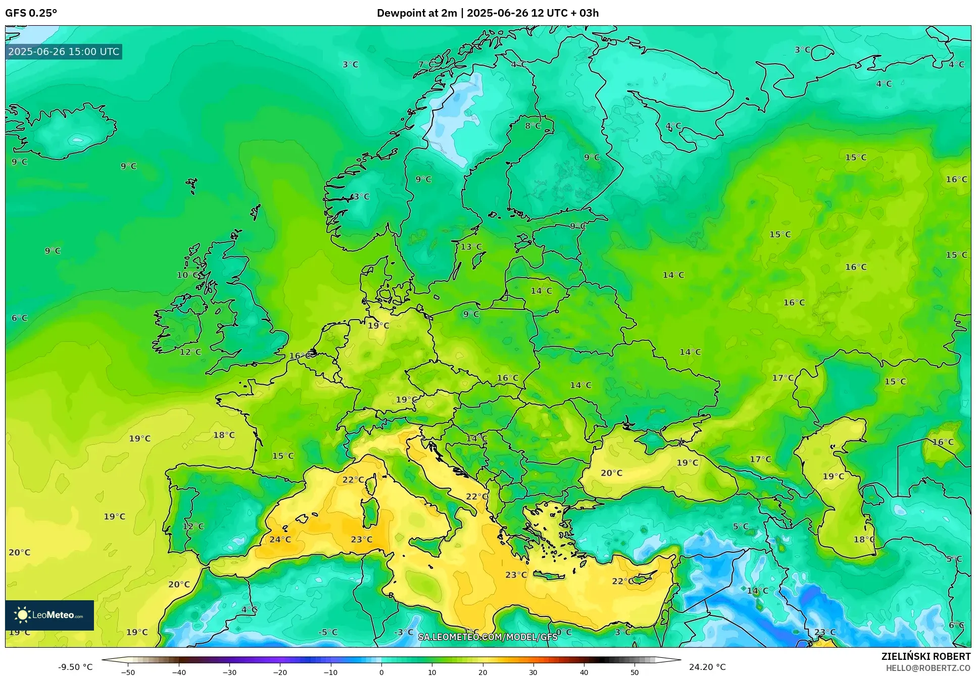 GFS model - Europe, Dewpoint at 2m GFS model - Europe, Dewpoint at 2m