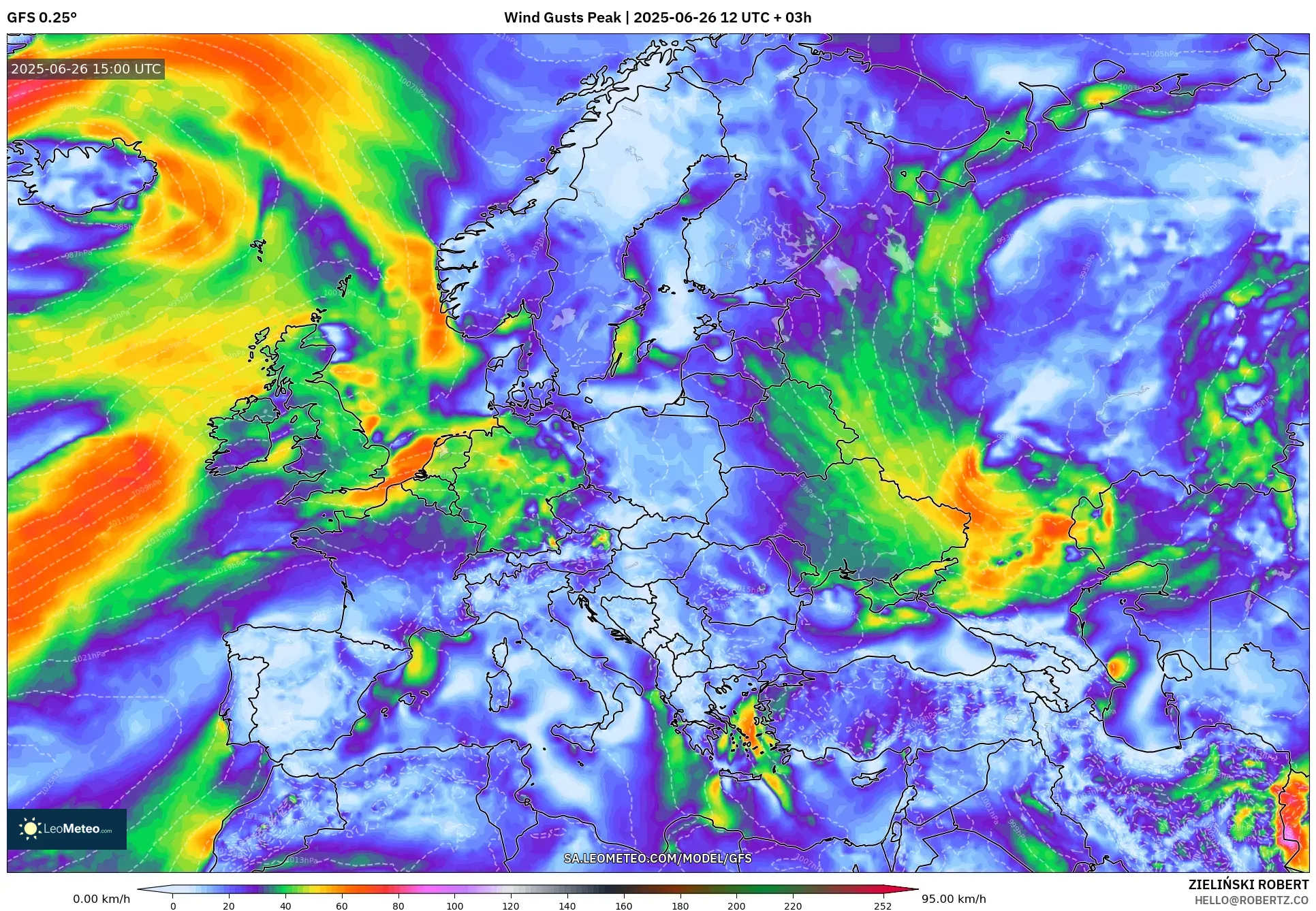 GFS model - Europe, Wind Gusts Peak GFS model - Europe, Wind Gusts Peak