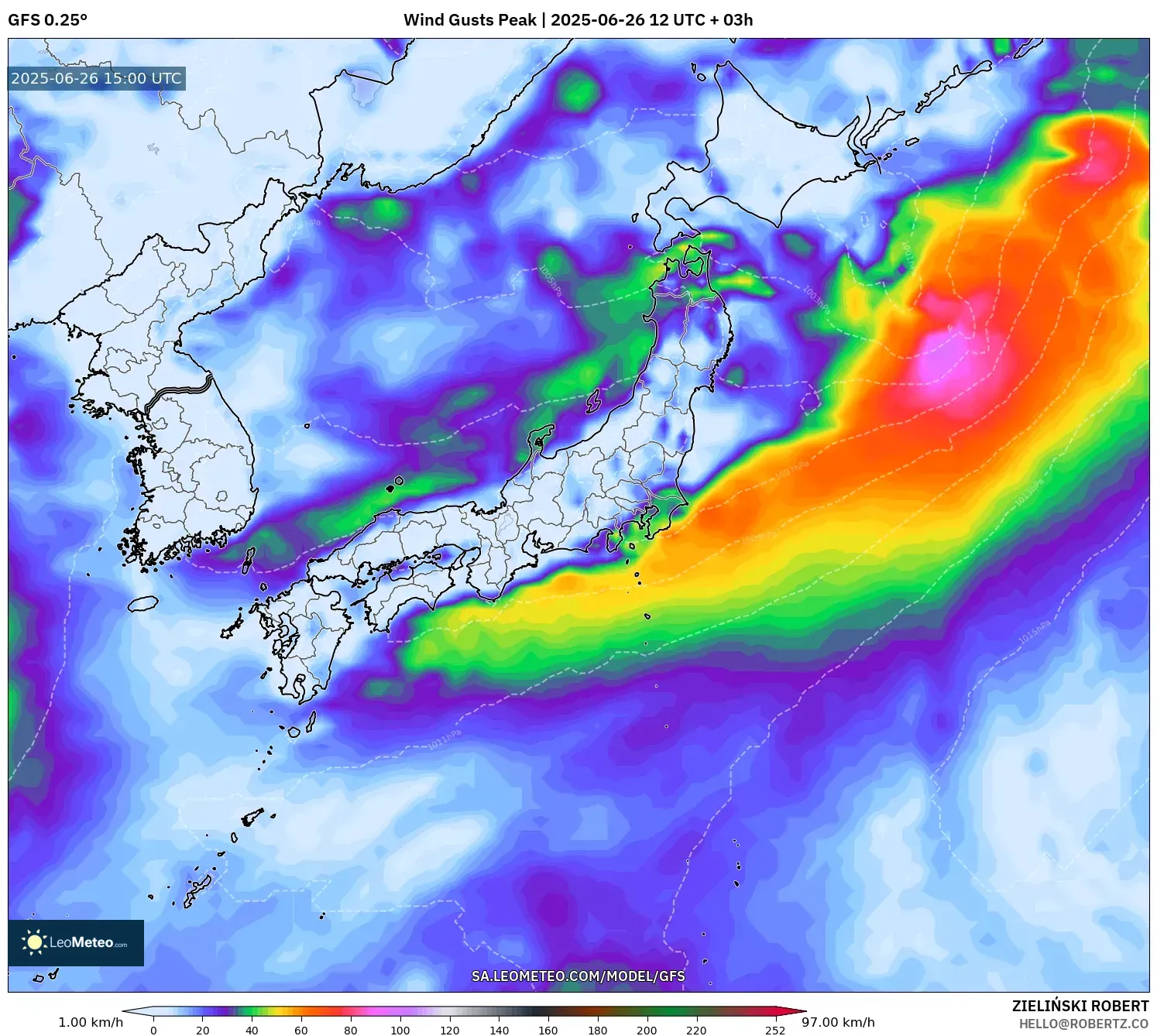 GFS model - Japan, Wind Gusts Peak GFS model - Japan, Wind Gusts Peak