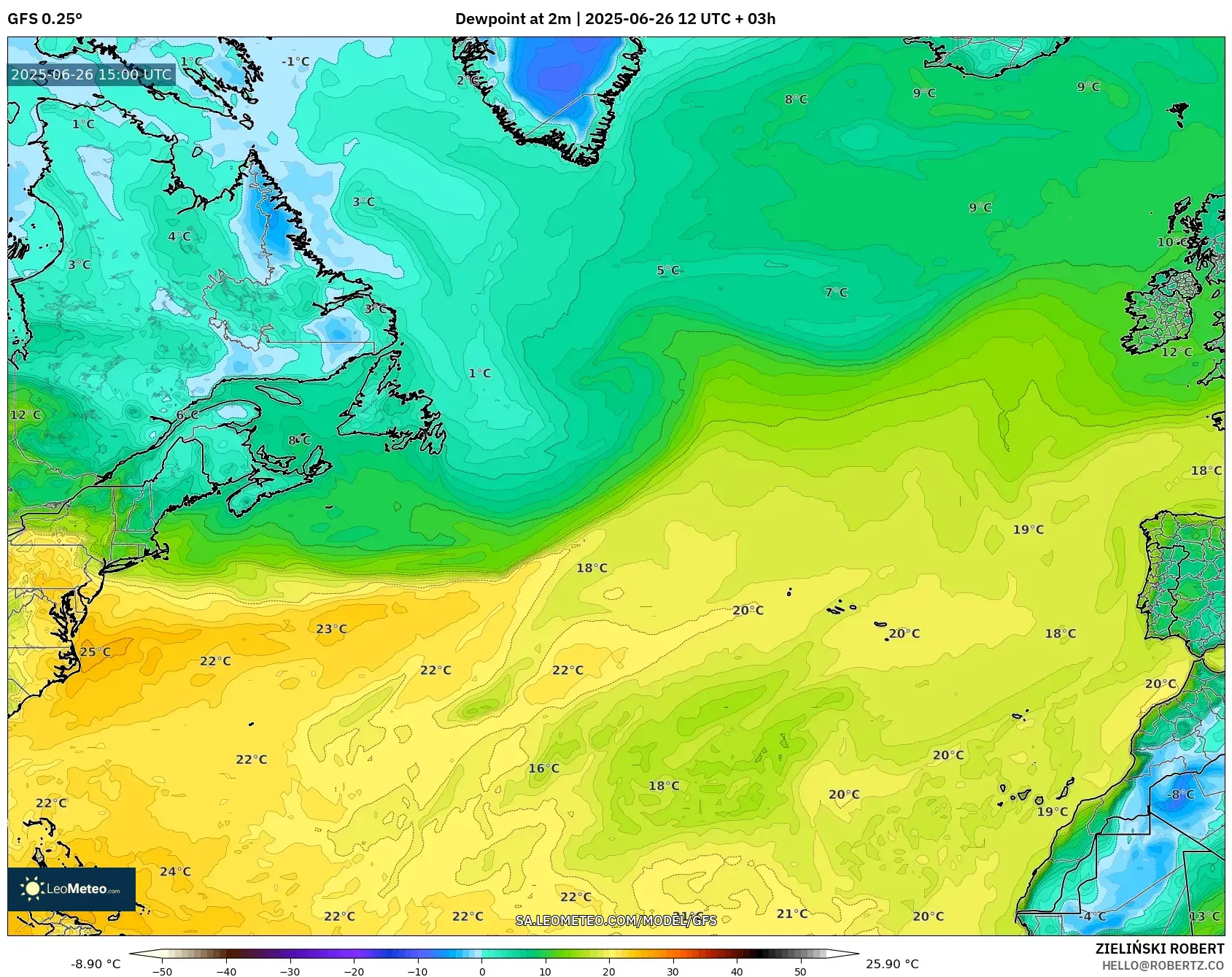 GFS model - North Atlantic, Dewpoint at 2m GFS model - North Atlantic, Dewpoint at 2m