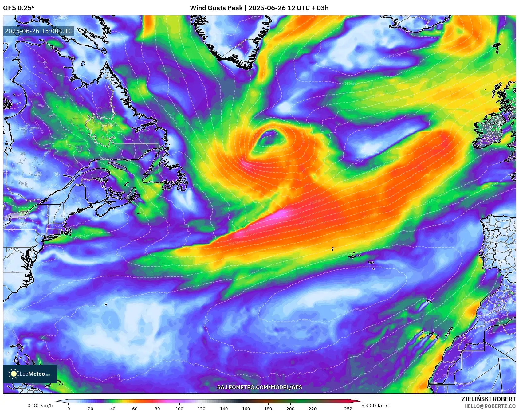 GFS model - North Atlantic, Wind Gusts Peak GFS model - North Atlantic, Wind Gusts Peak