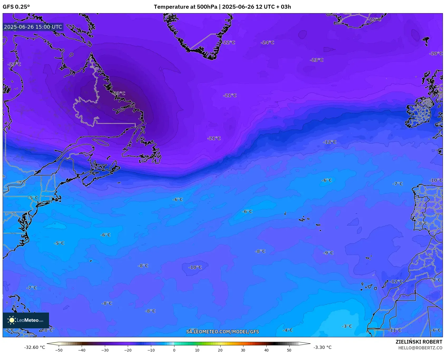 GFS model - North Atlantic, Temperature at 500hPa GFS model - North Atlantic, Temperature at 500hPa