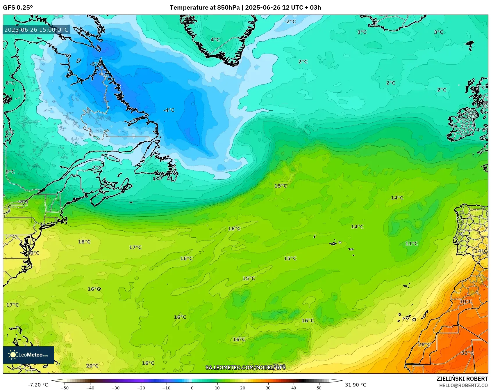 GFS model - North Atlantic, Temperature at 850hPa GFS model - North Atlantic, Temperature at 850hPa