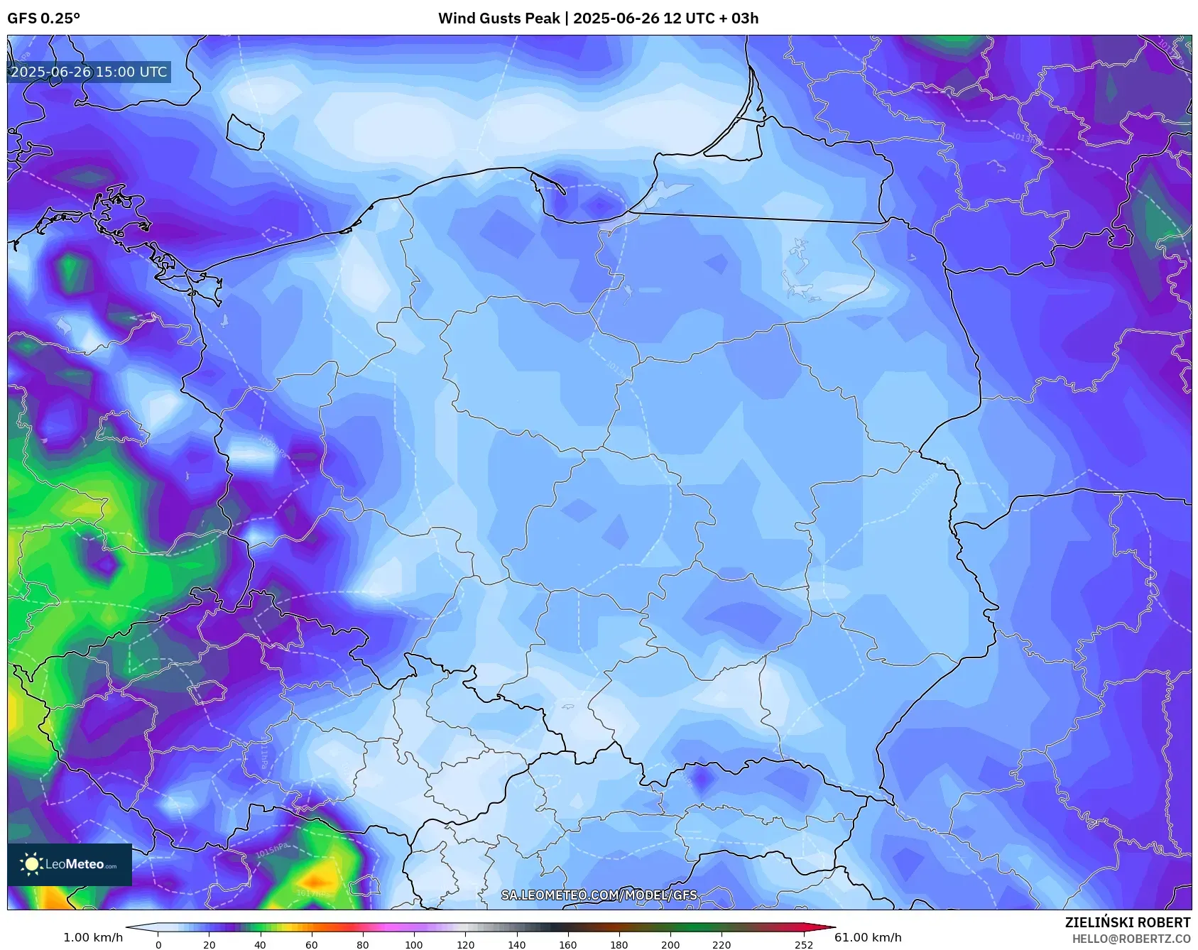 GFS model - Poland, Wind Gusts Peak GFS model - Poland, Wind Gusts Peak