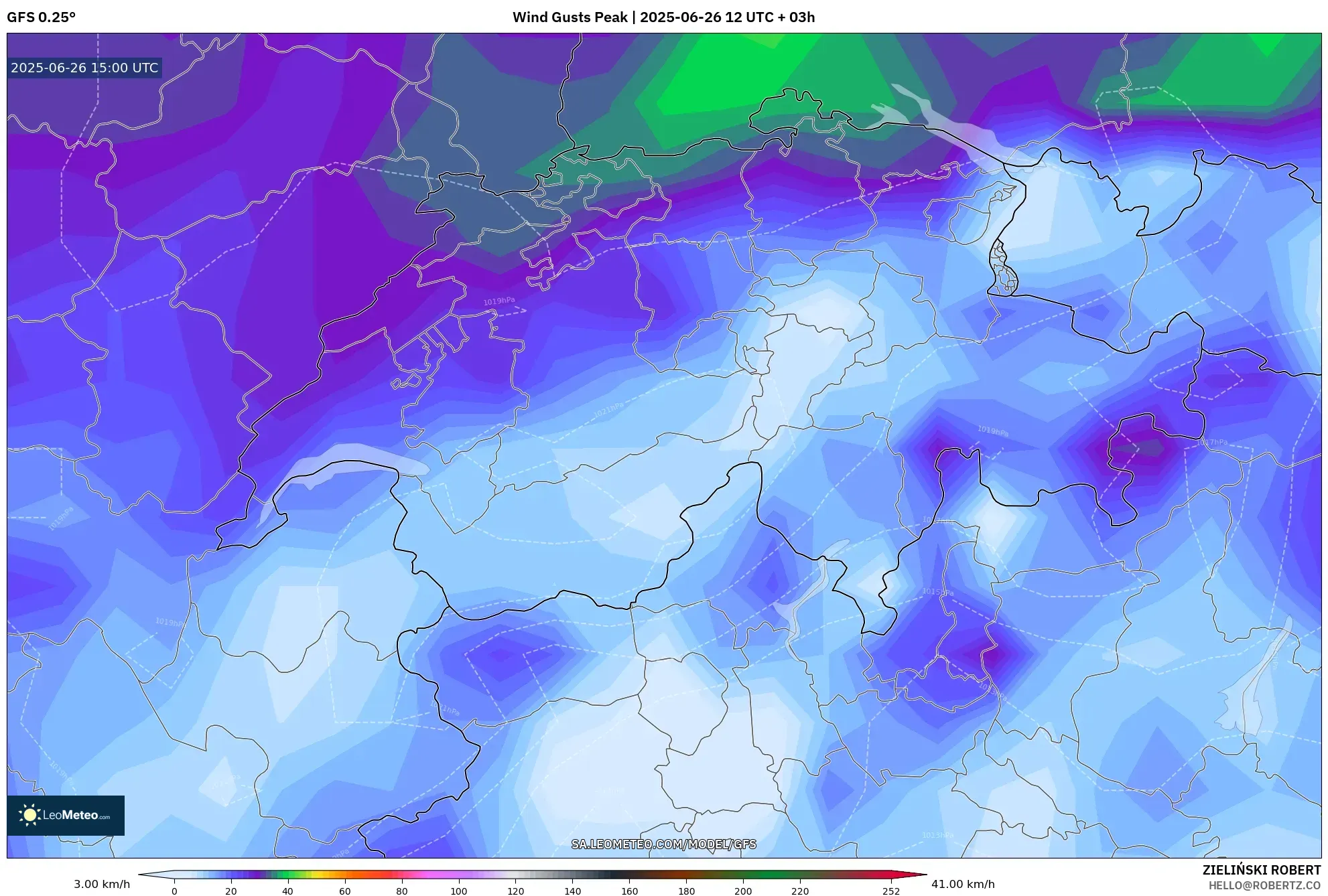 GFS model - Switzerland, Wind Gusts Peak GFS model - Switzerland, Wind Gusts Peak