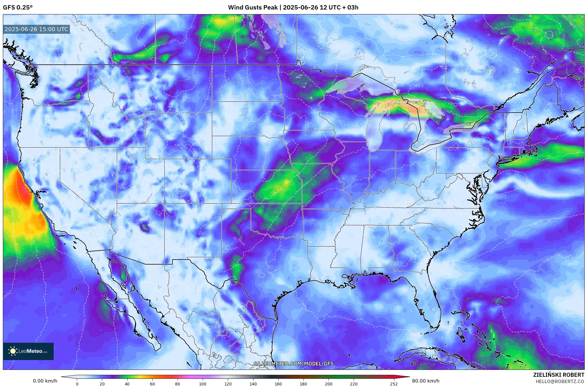 GFS model - United States, Wind Gusts Peak GFS model - United States, Wind Gusts Peak