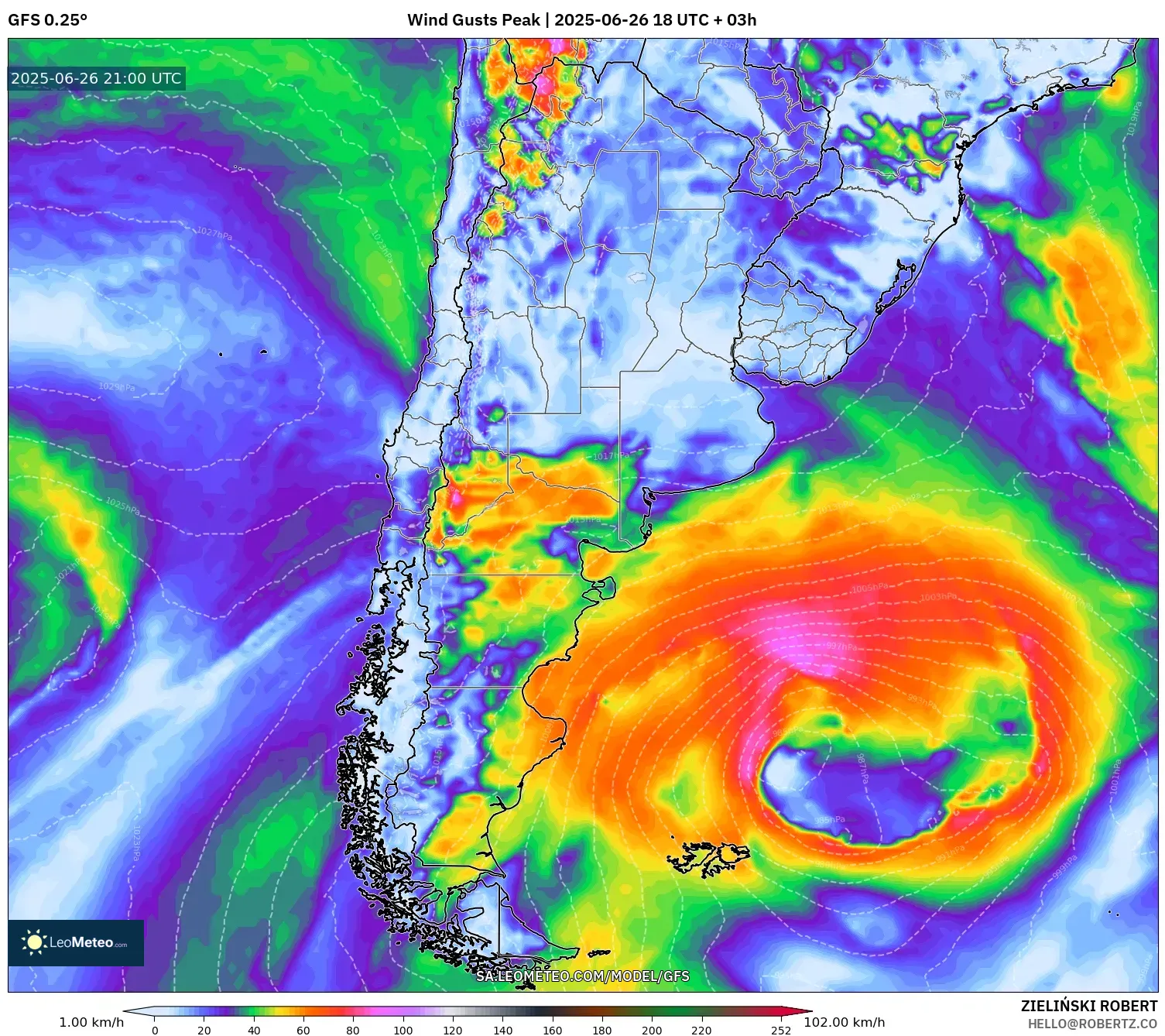 GFS model - Argentina, Wind Gusts Peak GFS model - Argentina, Wind Gusts Peak