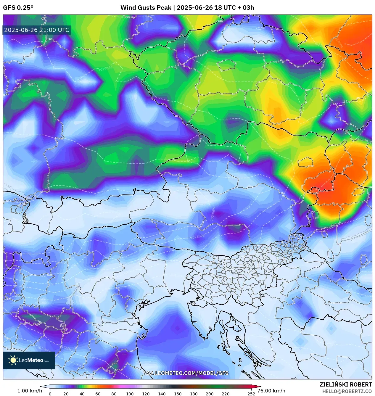 GFS model - Austria, Wind Gusts Peak GFS model - Austria, Wind Gusts Peak