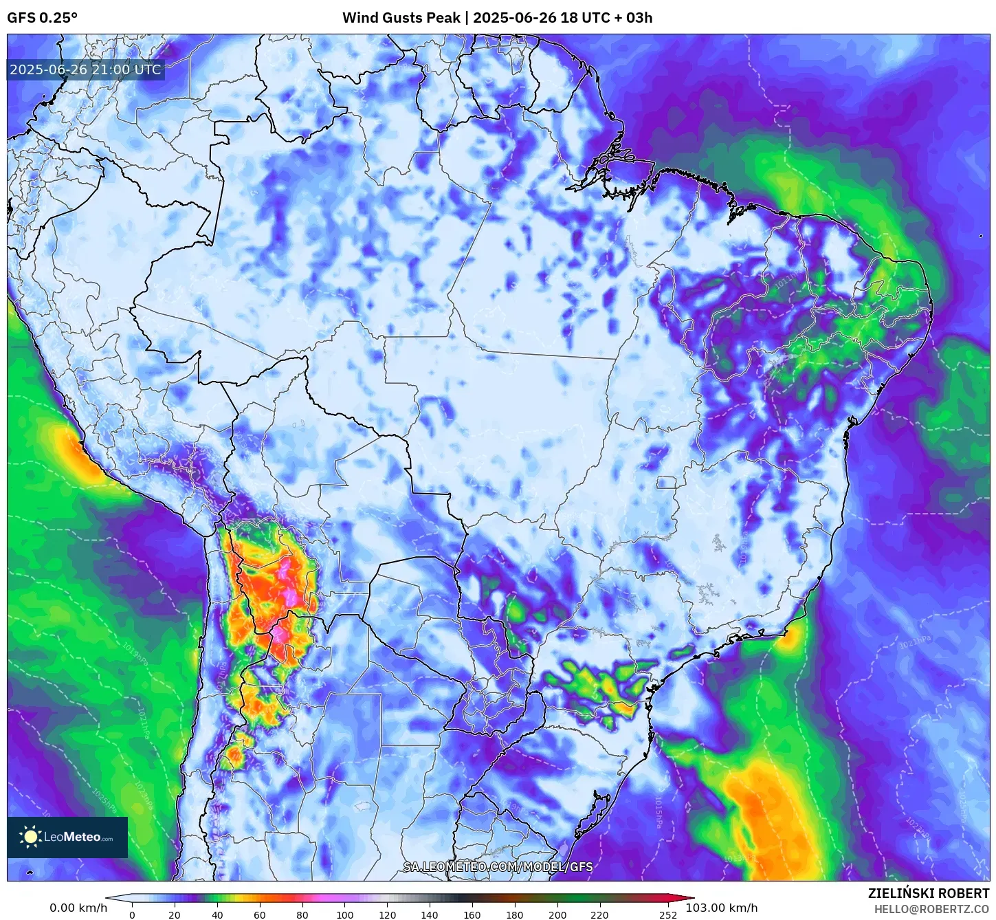 GFS model - Brazil, Wind Gusts Peak GFS model - Brazil, Wind Gusts Peak