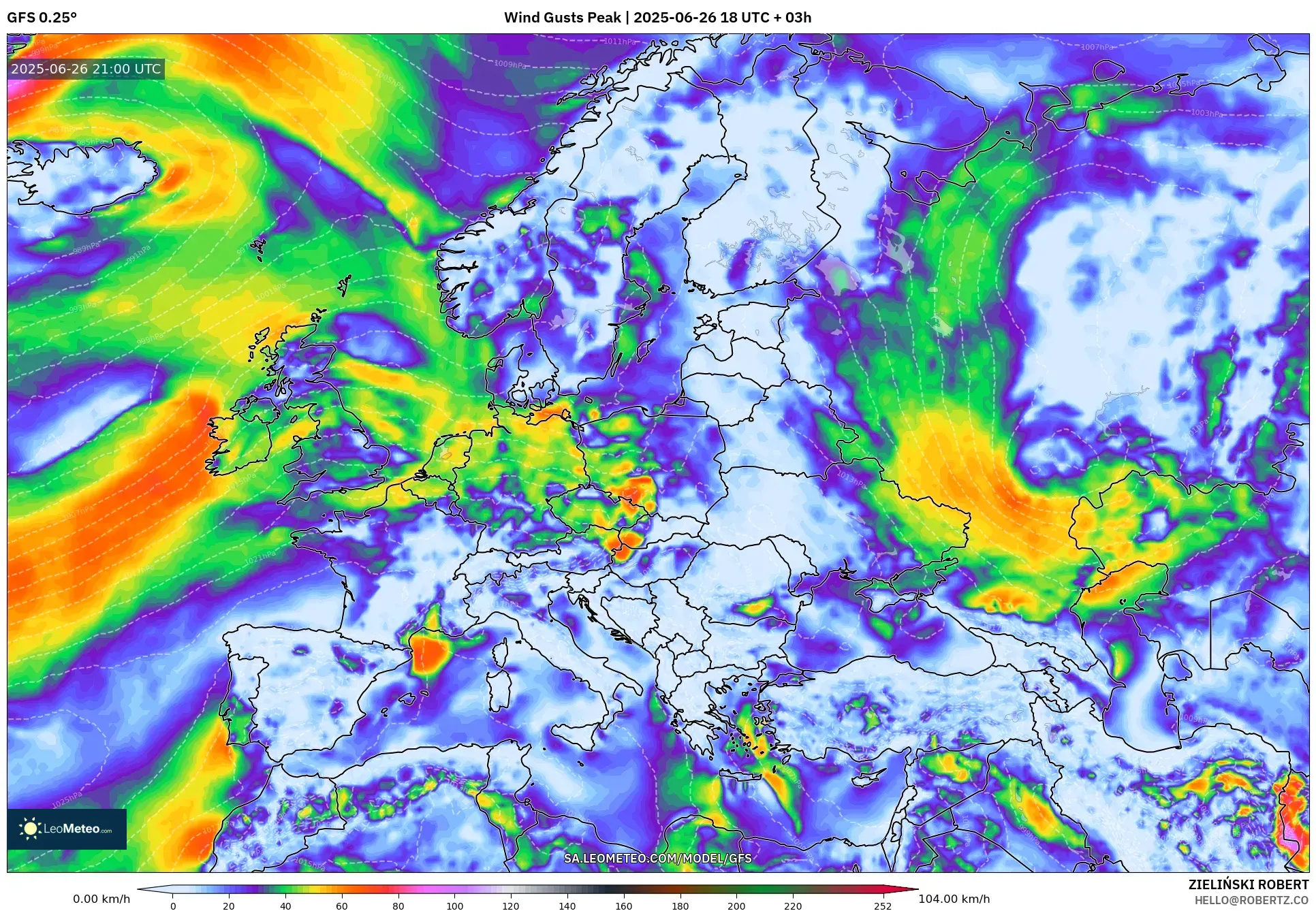 GFS model - Europe, Wind Gusts Peak