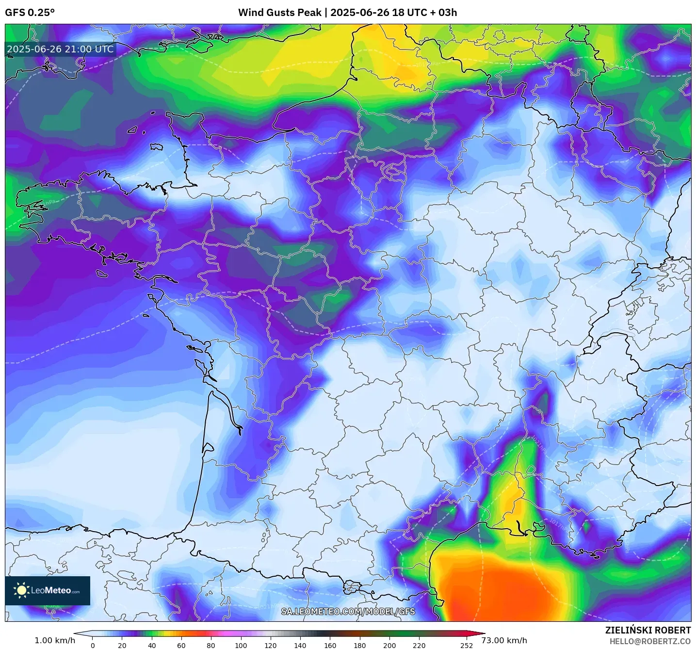 GFS model - France, Wind Gusts Peak GFS model - France, Wind Gusts Peak