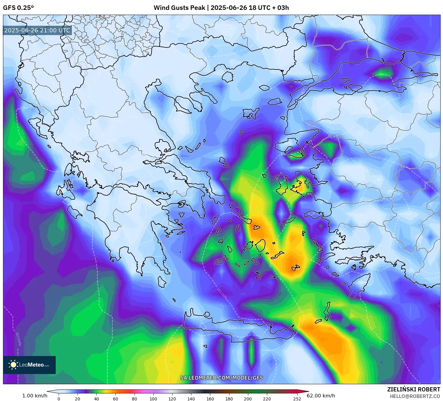 GFS model - Greece, Wind Gusts Peak GFS model - Greece, Wind Gusts Peak