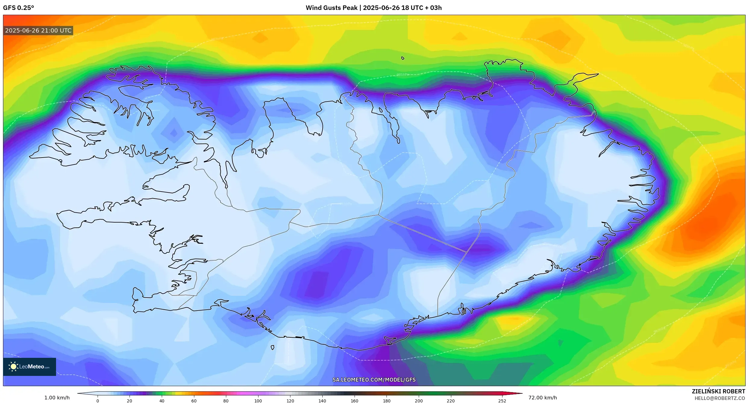 GFS model - Iceland, Wind Gusts Peak GFS model - Iceland, Wind Gusts Peak